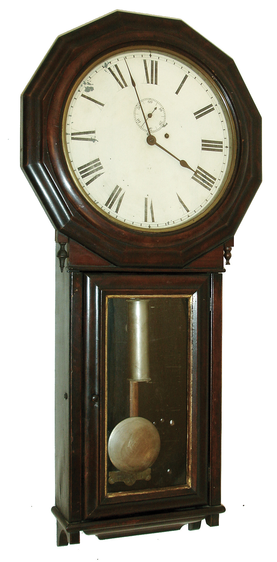 Seth Thomas Clock Co., Thomaston, Conn., ÒREGULATOR No. 3Ó, in walnut, 14Ò Roman dial, weight driven, 8 days, nickel finish bezel, weight and damascene bob, c1890 — Antique Clocks Price Guide