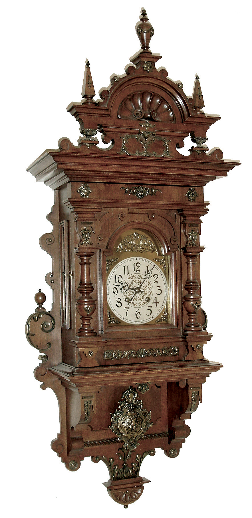 Lenzkirch, AGU, Germany, walnut ÓFreischwingerÒ, time and quarter hour strike. This model similar to the model 89 in the 1892 catalog, but this one has a different brass trim beneath the dial, serial number 1252579 , c1900 includes original Lenzkirch winding key — Antique Clocks Price Guide