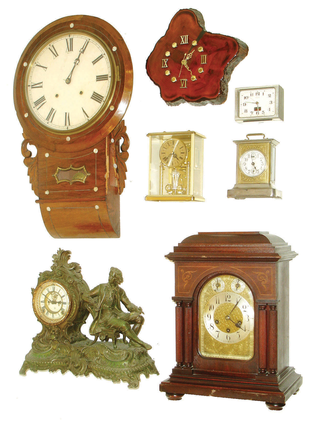 Clocks- 7 (Seven): Junghans three train bracket clock, an Anglo-American short drop wall clock, an Ansonia ÓReubensÒ figural clock with exposed escapement and time and strike, Germany Liberty alarm clock and three quartz clocks — Antique Clocks Price Guide