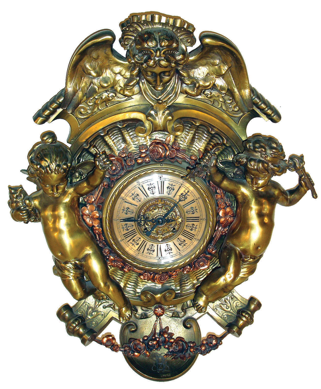 Lenzkirch, Germany, heavy bronze figural wall clock, 8 days, time and strike, spring driven movement in a multicolor brass and bronze case with Putti flanking the silvered brass dial with cast dial center, one holding a torch and flowers and the other holding an owl. A female angel gazing downward at Putti surmounts the clock. The well made movement is series number 52 bearing the Lenzkirch logo and serial number 458795, c1878 includes an original Lenzkirch key — Antique Clocks Price Guide