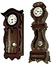 Clocks- 2 (Two): the first a miniature Vienna style, 8 days, timepiece, walnut case with ebonized trim, Roman numeral white enamel dial, late 19th century, the other a French miniature tall clock, mahogany bombe case with applied gilt ornaments, Roman numeral white enamel dial, 8 days, time and strike, pendule a Paris movement signed ÓMaple & Co. ParisÒ, c1900