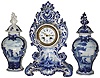 French Delft-style, 8 days, time and strike, mantel clock with pair of urns with lids, c1890