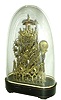 English, 2-Fusee, Architectural skeleton clock, striking the hours on a deep gong, and the halves on the top bell, mounted to a veneered base with original dome. Traditional recoil escapement, c1870
