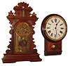 Clocks- 2 (Two) (1) Committi of London, 8 days, time and strike, spring brass movement wall clock, 20th century. (2) E. Ingraham & Co., Bristol, Conn., ÒPansyÓ, 8 days, time and strike, spring brass movement walnut shelf clock, c1896