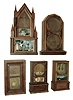 Clock & cases - 7 (Seven): (1) Seth Thomas, Thomaston, Conn., ÓParlor No. 5Ò double dial calendar case (only), c1896. (2) Forestville Mfg. Co., (J.C. Brown), Forestville, Conn., 30 hours, time and strike, brass movement shelf clock, c1850. (3) Forestville Mfg. Co., (J.C. Brown), Forestville, Conn., clock case (only), c1850. (4) Smith & Goodrich, Bristol, Conn., small OOG clock case, c1850. (5) Unknown, Connecticut, steeple on frame or double steeple shelf clock case, c1845; (6) Chicago Automatic Time Recorder. 15 day, spring brass movement wall timepiece, c1910. (7) E. Ingraham & Co., Bristol, Conn., ÓNileÒ, 8 days, spring brass movement banjo timepiece, c1915.