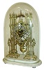England, Skeleton clock, cathedral form pierced brass plates, Roman numeral, silvered pierced dial, fusee timepiece with passing strike, mounted to a white marble base, and with glass shade, c1860