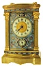 France, carriage clock with champleve enamel, gilt bowed front case, fluted pilasters with classically inspired capitals at the corners, Arabic numeral enamel dials with champleve mask, blued steel hands, 8 days, timepiece movement with jeweled lever platform and alarm, sounding on a bell concealed in the base, c1900