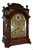 Lenzkirch, Germany, shelf or mantel clock of typical bracket clock form, walnut and burl walnut veneers and with classically inspired moldings, top with foliate carving, gilt scroll feet, gilt flame finials, and with gilt frets and spandrels showing strong Jugendstil influence, composite dial with Roman numeral silvered chapter ring and with regulating hand and scale in the arch, blued steel hands, 8 days, time and strike, movement with ting tang striking, serial No. 1,188,953, c1900