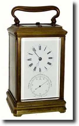 C.1890, French Brass Cased Carriage clock with Barometer. — Antique Clocks Price Guide