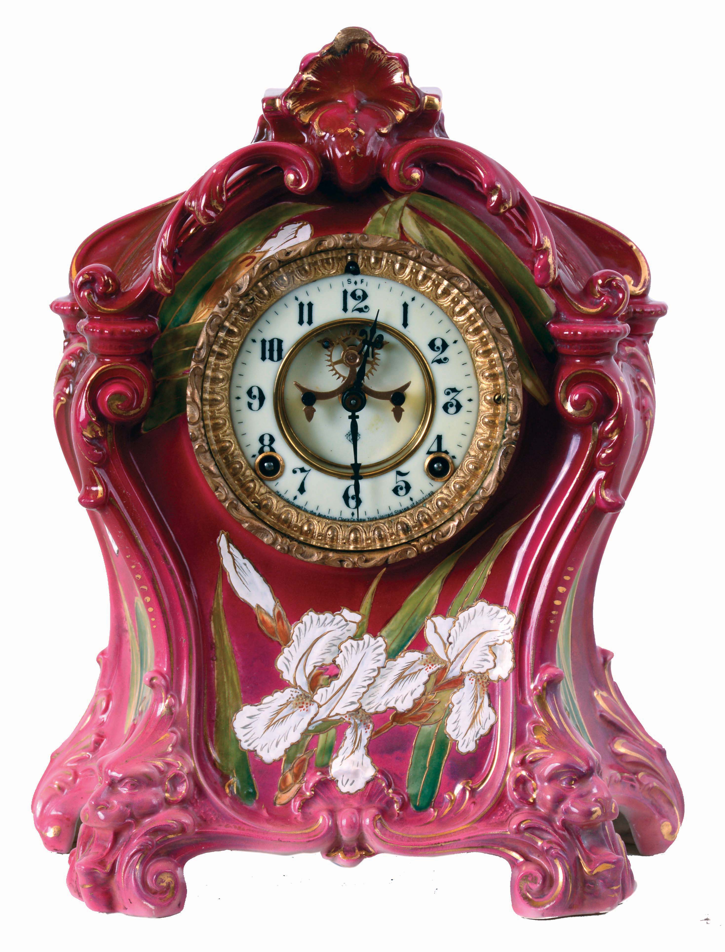 Ansonia Clock Co., New York, NY, "La Mine" Royal Bonn porcelain shelf clock with a visible escapement, 8 days, spring driven, time and half hour strike movement, c1904. — Antique Clocks Price Guide