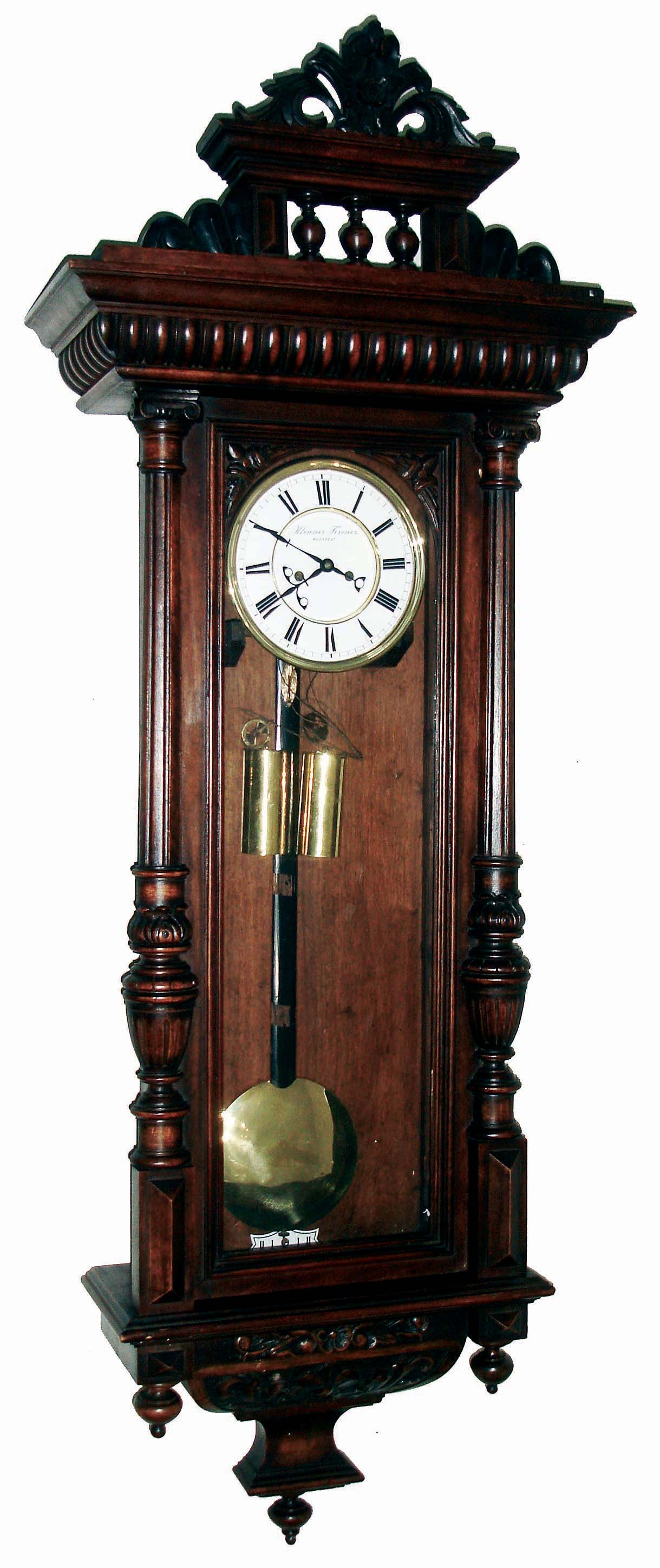Clocks- 3 (Three) German 2 weight, 8 days, Vienna regulator wall clocks, 2 by Gustav Becker, 1 with Budapest dealer's name on dial, 2 walnut and 1 figured hardwood, early 20th century — Antique Clocks Price Guide