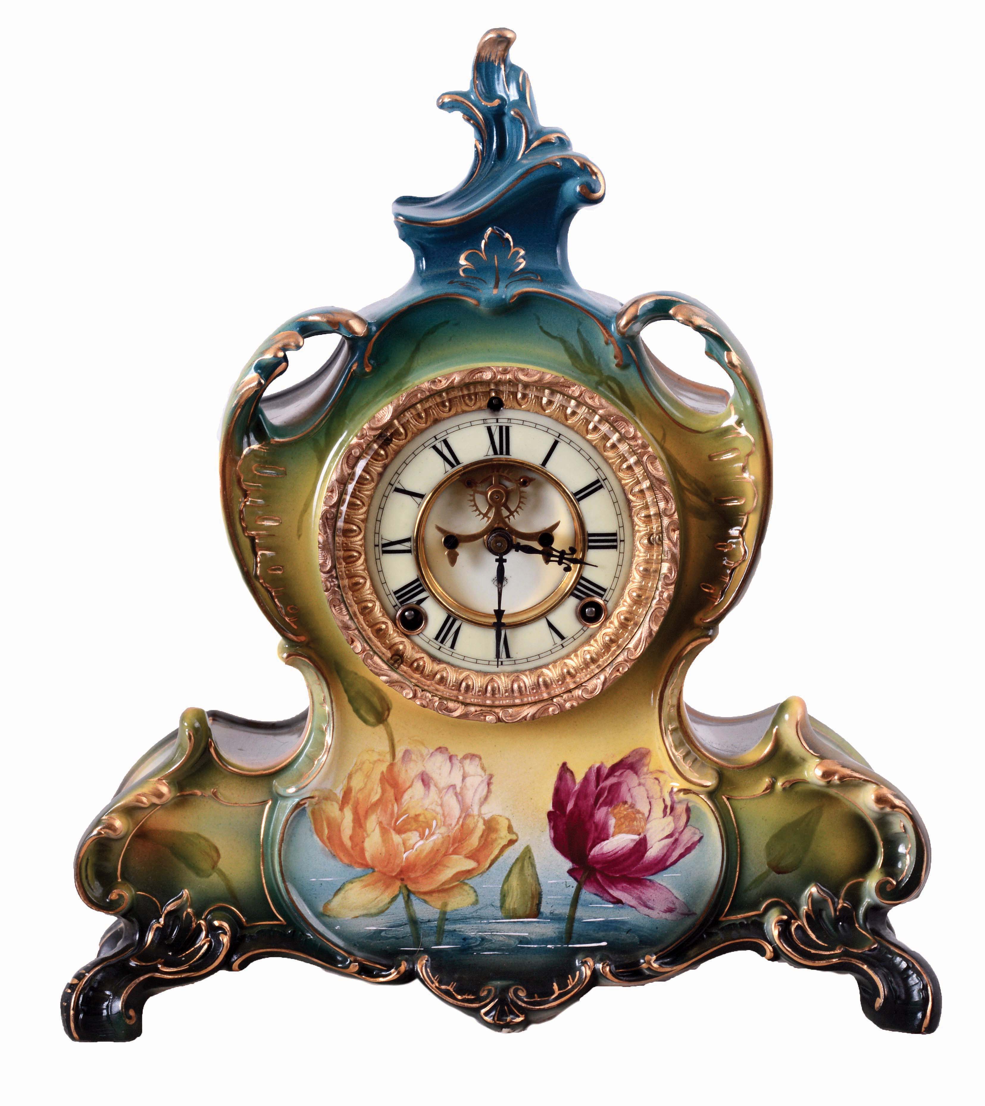Ansonia Clock Co., New York, NY, "La Vendee" Royal Bonn porcelain shelf clock with a visible escapement on an 8 days, spring driven, time and half hour strike movement, c1904. — Antique Clocks Price Guide