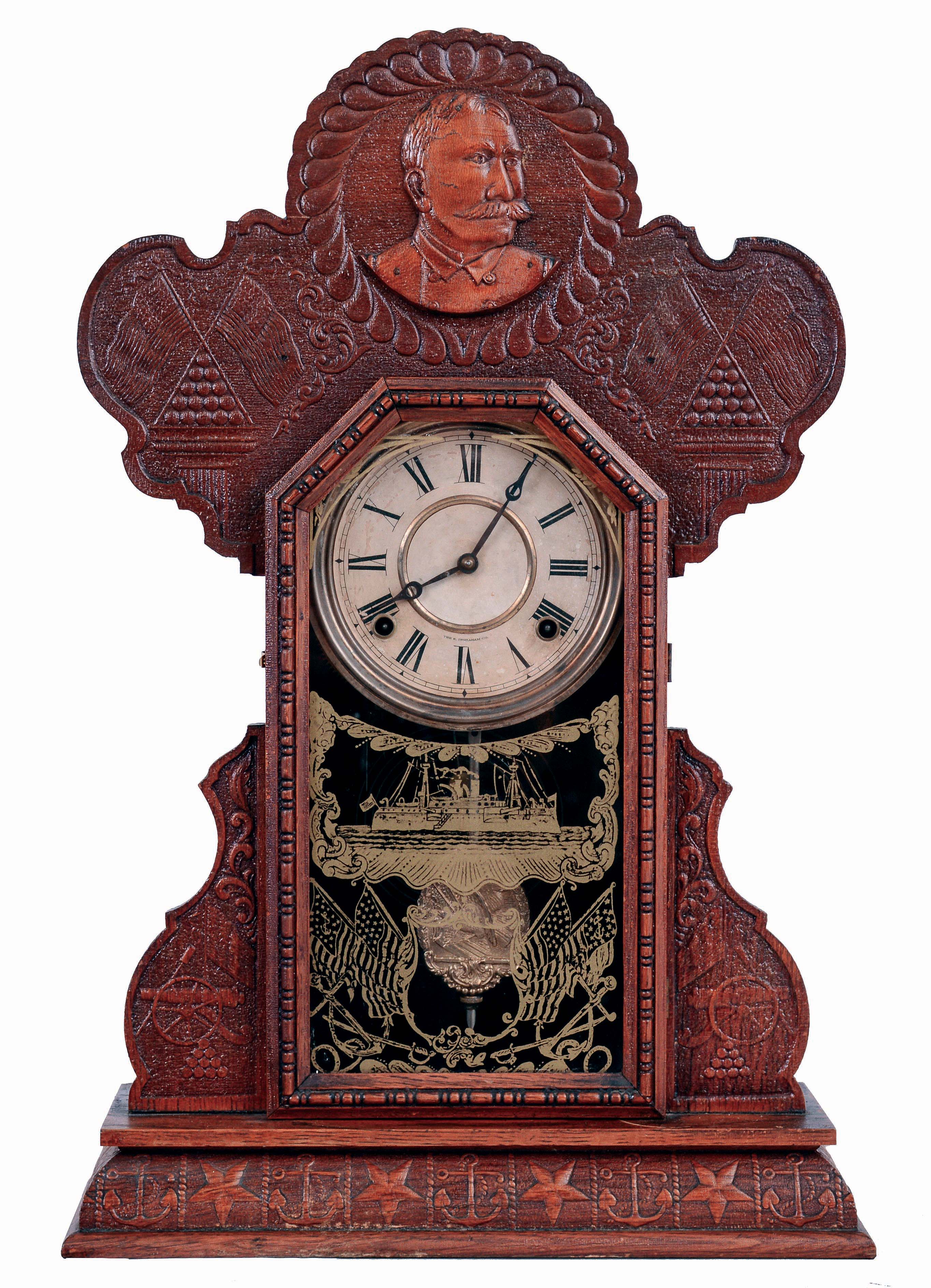 E. Ingraham & Co., Bristol, Conn., "Admiral Dewey" from Spanish American War series. 8 days, time and strike, spring driven brass movement shelf clock, c1899 — Antique Clocks Price Guide