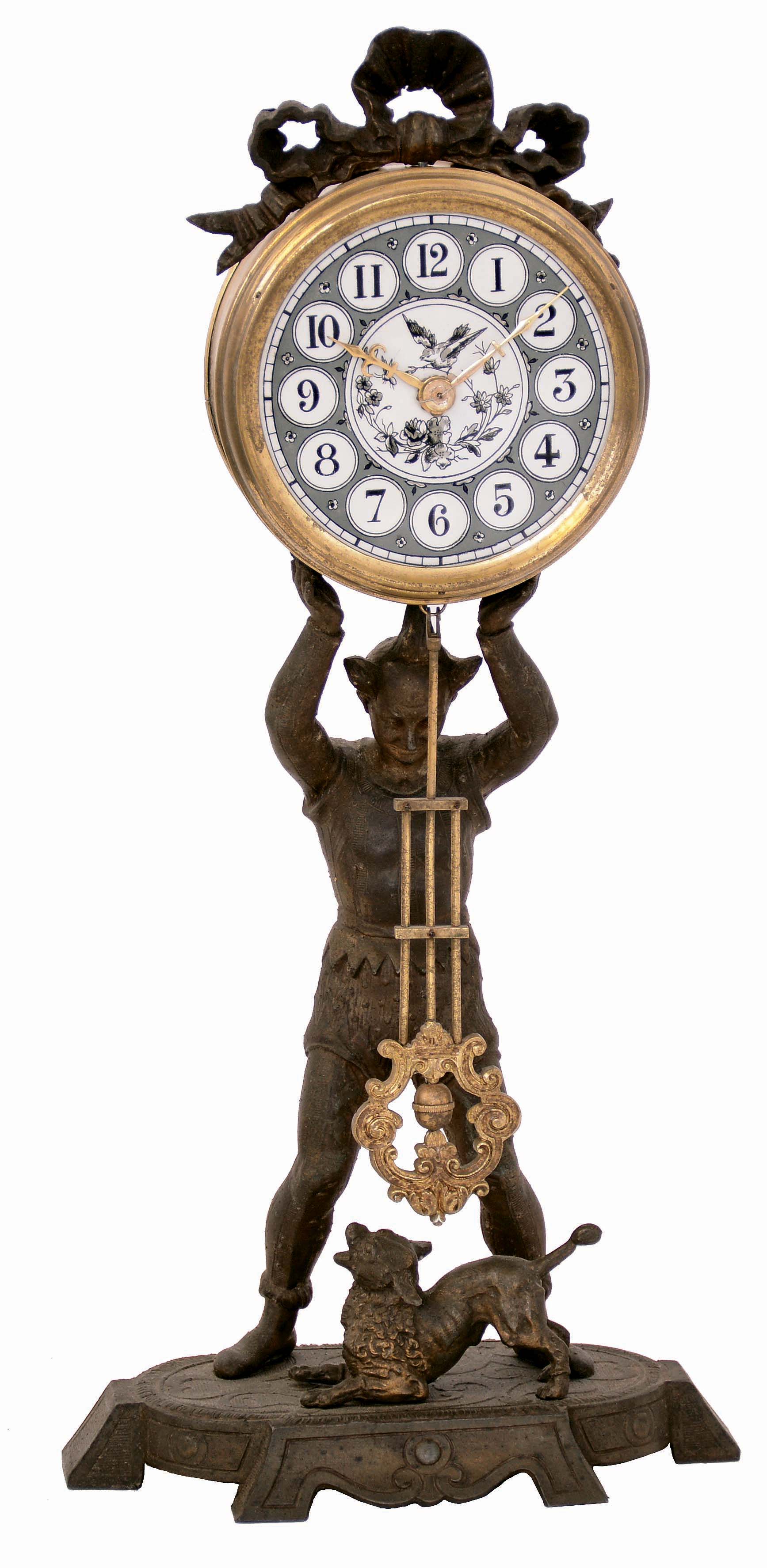 French cast metal figural clown and dog, 8 days, time only mantel clock, c1900 — Antique Clocks Price Guide