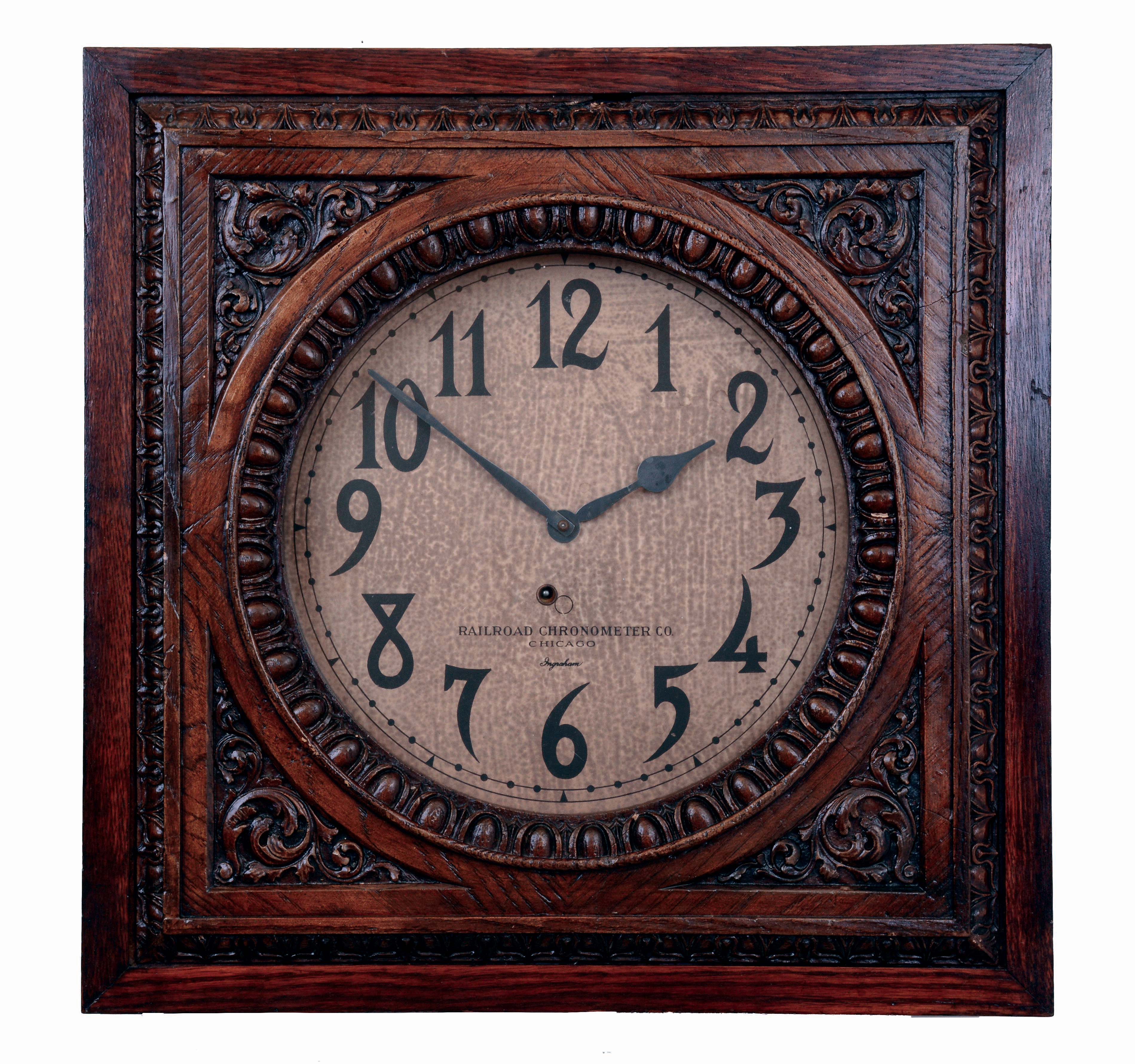 E. Ingraham & Co., Bristol, Conn., 8 days, spring driven brass movement wall timepiece made for the "Railroad Chronometer Co., Chicago". Not shown in catalogs as it was a special order. Ingraham made a square case model of the same size named the "Solar", but this model is more ornate. Movement dated Nov. 1910. — Antique Clocks Price Guide