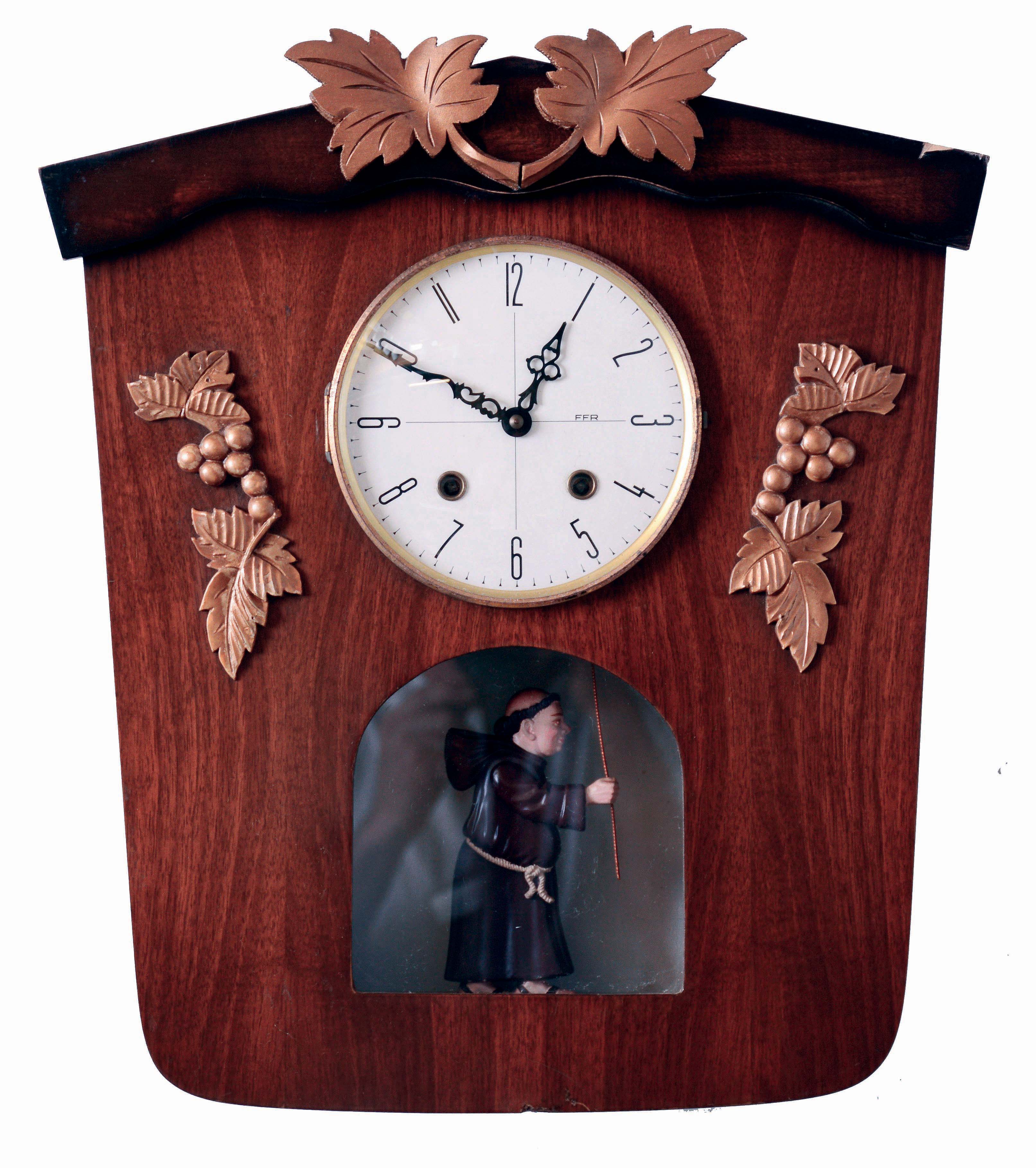 German, 8 days, time and strike, spring brass lever movement animated Monk wall clock. The Monk's arm is pulled up when the clock strikes. Late 20th Century. — Antique Clocks Price Guide
