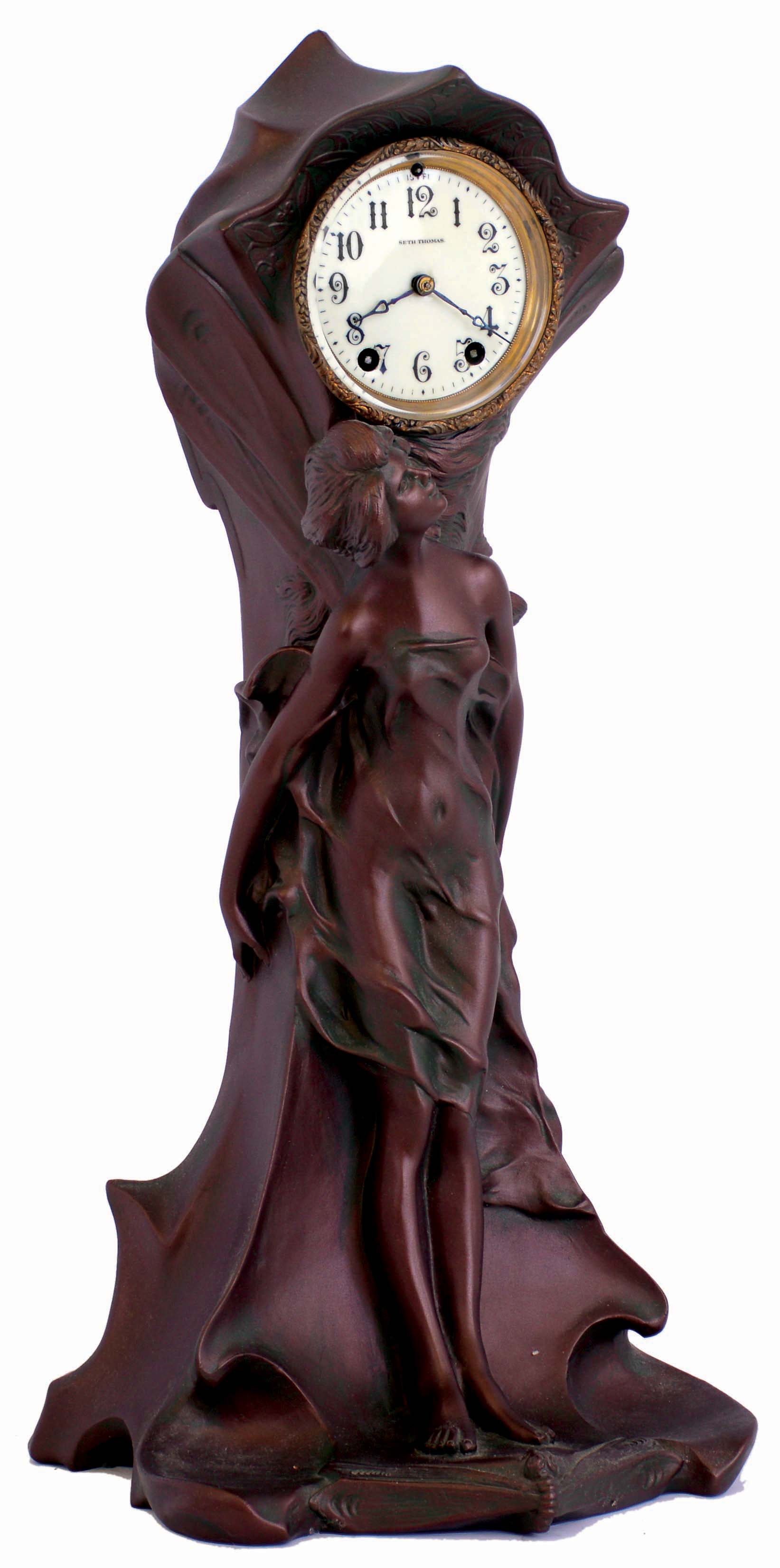 Seth Thomas Clock Co., Thomaston, Conn., "Tanya" cast spelter bronzed Art Nouveau figural, 8 days, time and strike mantel clock, c1905 — Antique Clocks Price Guide