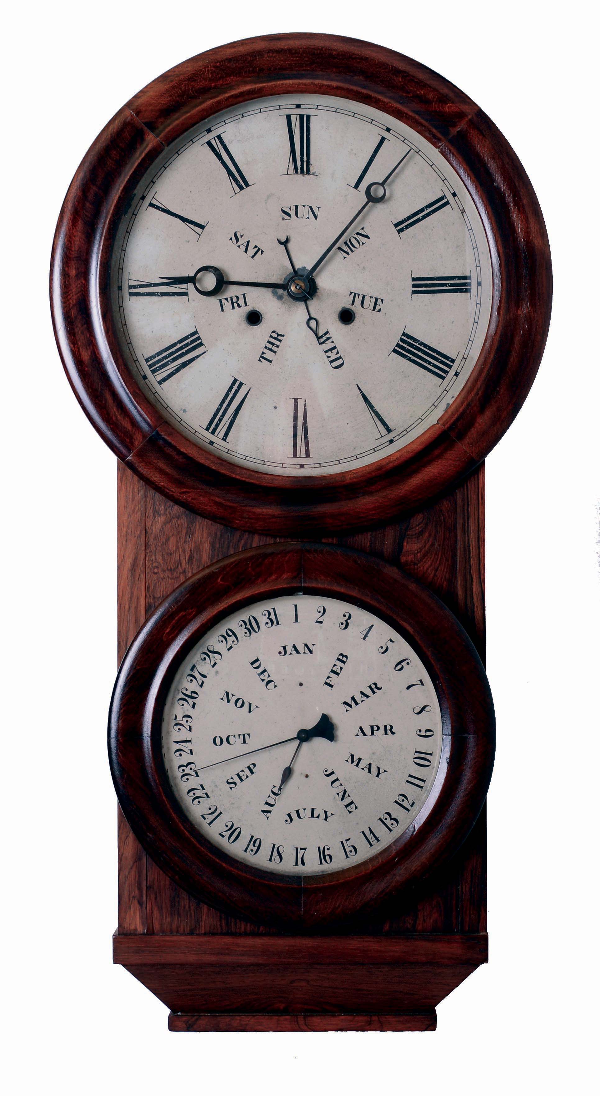 L.F. & W.W. Carter, Bristol, Conn., 8 days, double weight brass movement supplied by Welch with B.B. Lewis calendar, c1865 — Antique Clocks Price Guide
