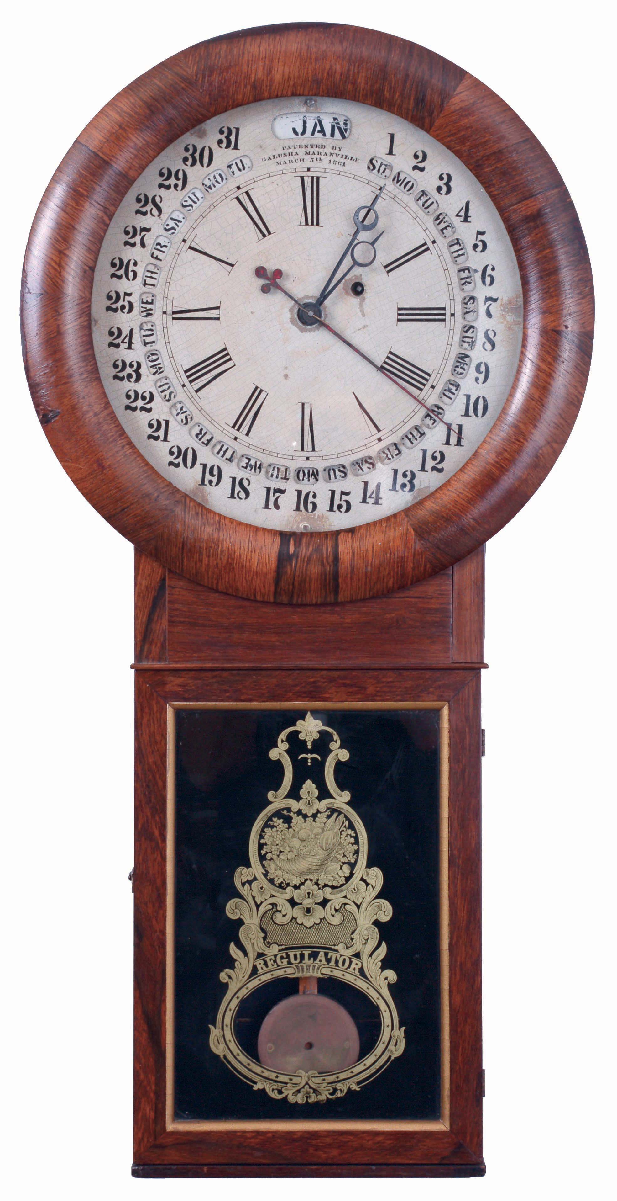 William L. Gilbert & Co., Winsted, Conn., "Round Long Drop Calendar" regulator designed by S. B. Terry while working for Gilbert, 1859-1861. 8 days, weight driven brass timepiece with Galusha Maranville patent calendar, c1862 — Antique Clocks Price Guide