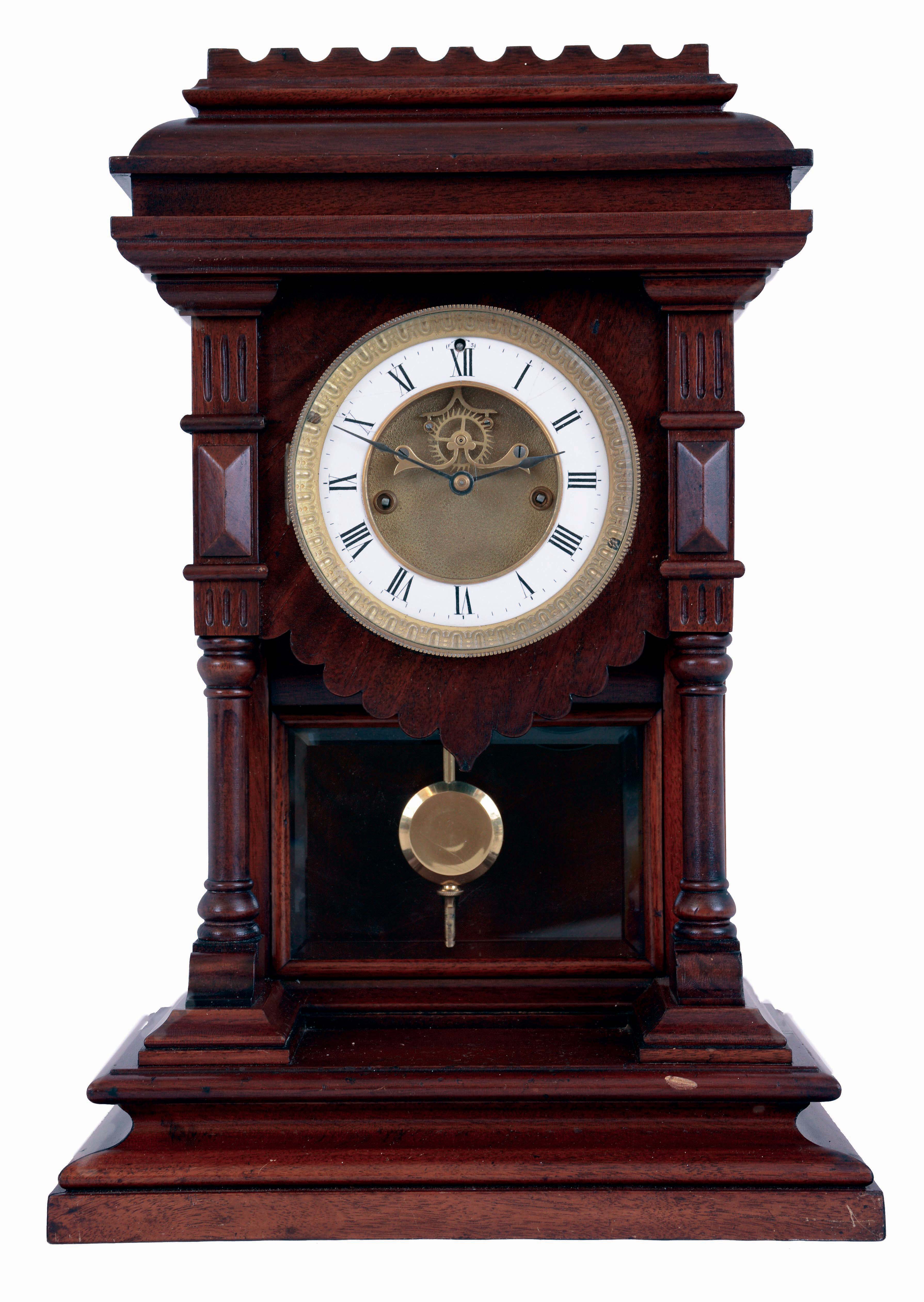 E.N. Welch Mfg. Co., Forestville, Conn., "Khedive", 8 days, time and strike, spring driven brass movement shelf clock, c1889 — Antique Clocks Price Guide
