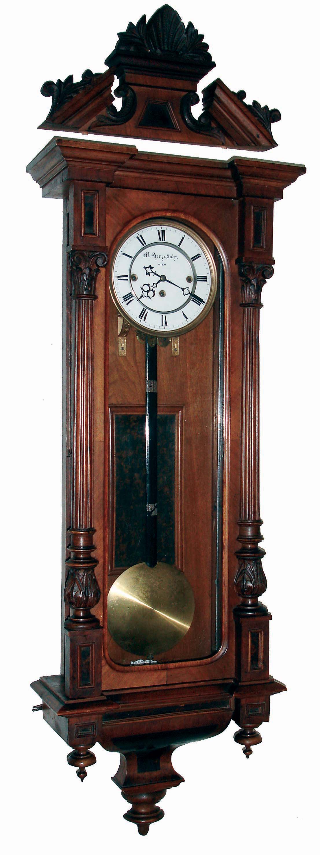 Clocks- 2 (Two) walnut 8 days, 3 weight quarter striking Vienna regulator wall clocks; 1 German by Gustav Becker; 1 Austrian unsigned movement with porcelain dial signed "M. Kerz & Sohn, Wien", c1880 — Antique Clocks Price Guide
