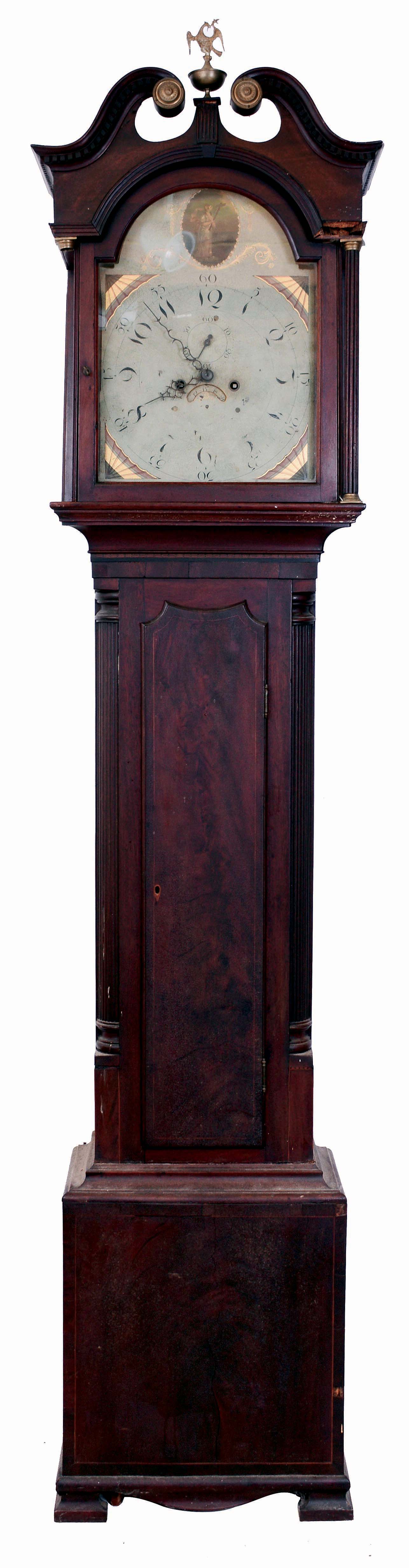 English unsigned tall clock, 8 days, time and bell strike, weight driven movement in a mahogany case with broken arch hood and painted metal dial, c1810 — Antique Clocks Price Guide