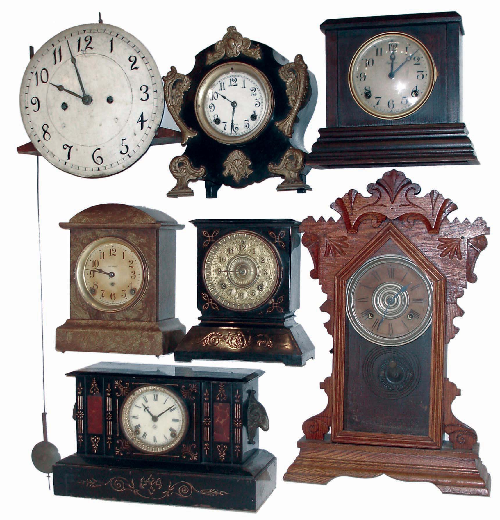 Clocks- 14 (Fourteen): 10 Connecticut and German, 8 days wooden case mantel clocks; 3 Connecticut enameled iron, 8 days mantel clocks; one unsigned English, 8 days, 2 weight tall clock movement with dial and pendulum, Makers include Seth Thomas, New Haven, Gilbert, Ansonia, Ingraham, Hamburg-American. 19th and early 20th centuries — Antique Clocks Price Guide