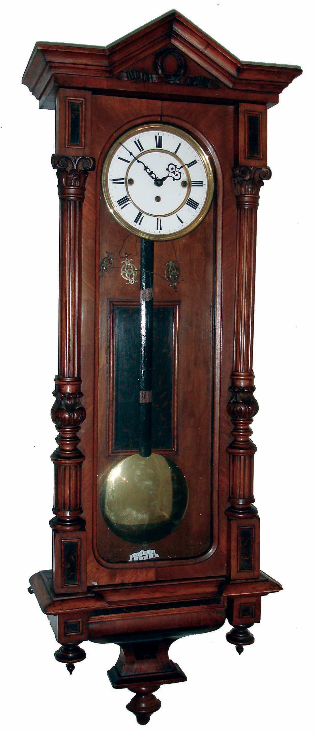 Clocks- 2 (Two) German and Austrian walnut, 8 days, 3 weight quarter striking Vienna regulator wall clocks, 1 dial signed "Ferdinand Helm, Wien", unsigned movements; c1890 — Antique Clocks Price Guide