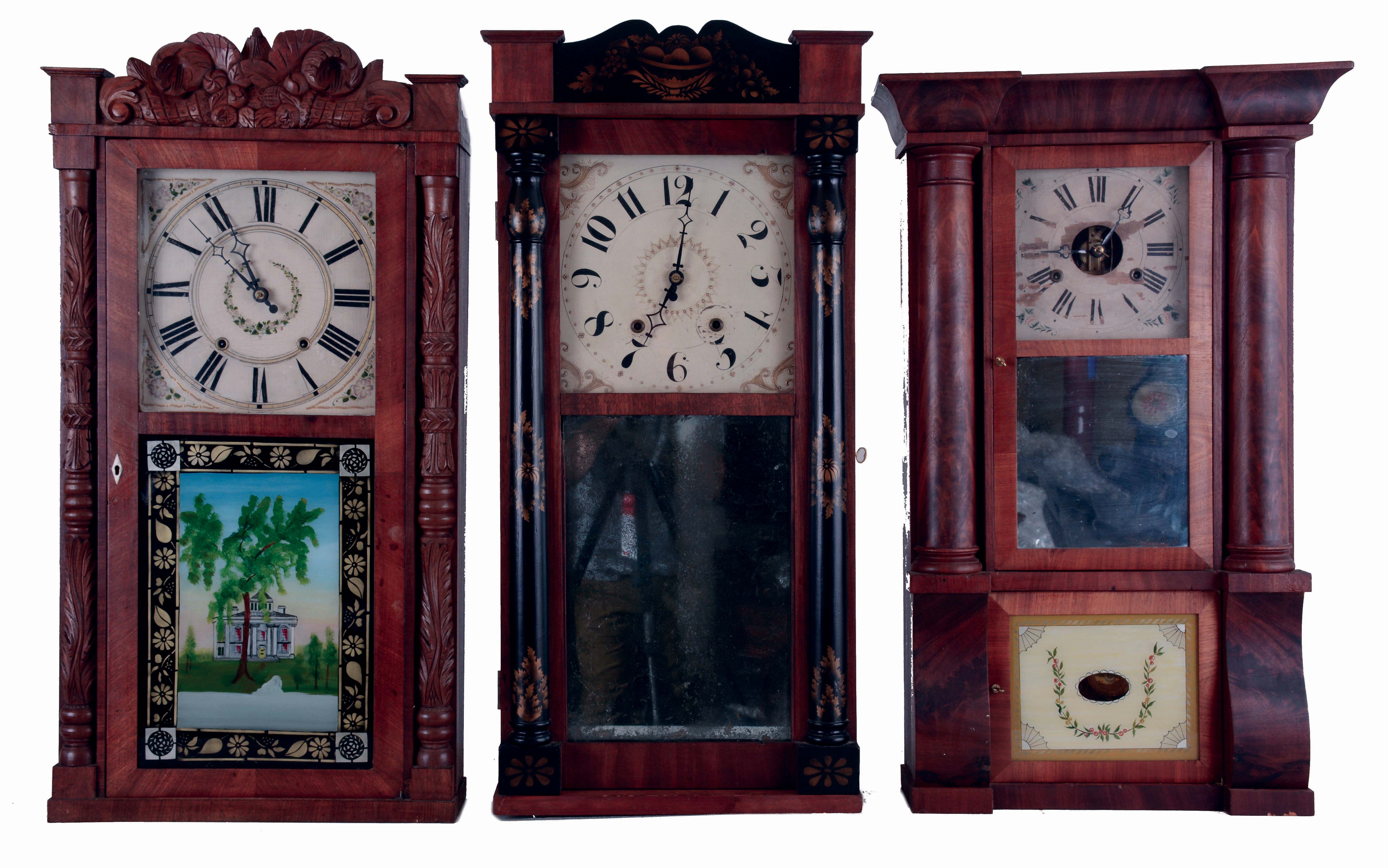 Clocks- 3 (Three) American: (1) C. & L. C. Ives, Bristol, CT 30 hours, time and strike weight driven wood movement half column & splat shelf clock, c1832. (2) Riley Whiting, Winchester, CT 30 hours, time and strike weight driven wood movement carved half column & splat shelf clock, c1830. (3) John Birge & Co., Bristol, Ct., 8 days, time and strike weight driven brass movement Column & Cornice shelf clock, c1848. — Antique Clocks Price Guide