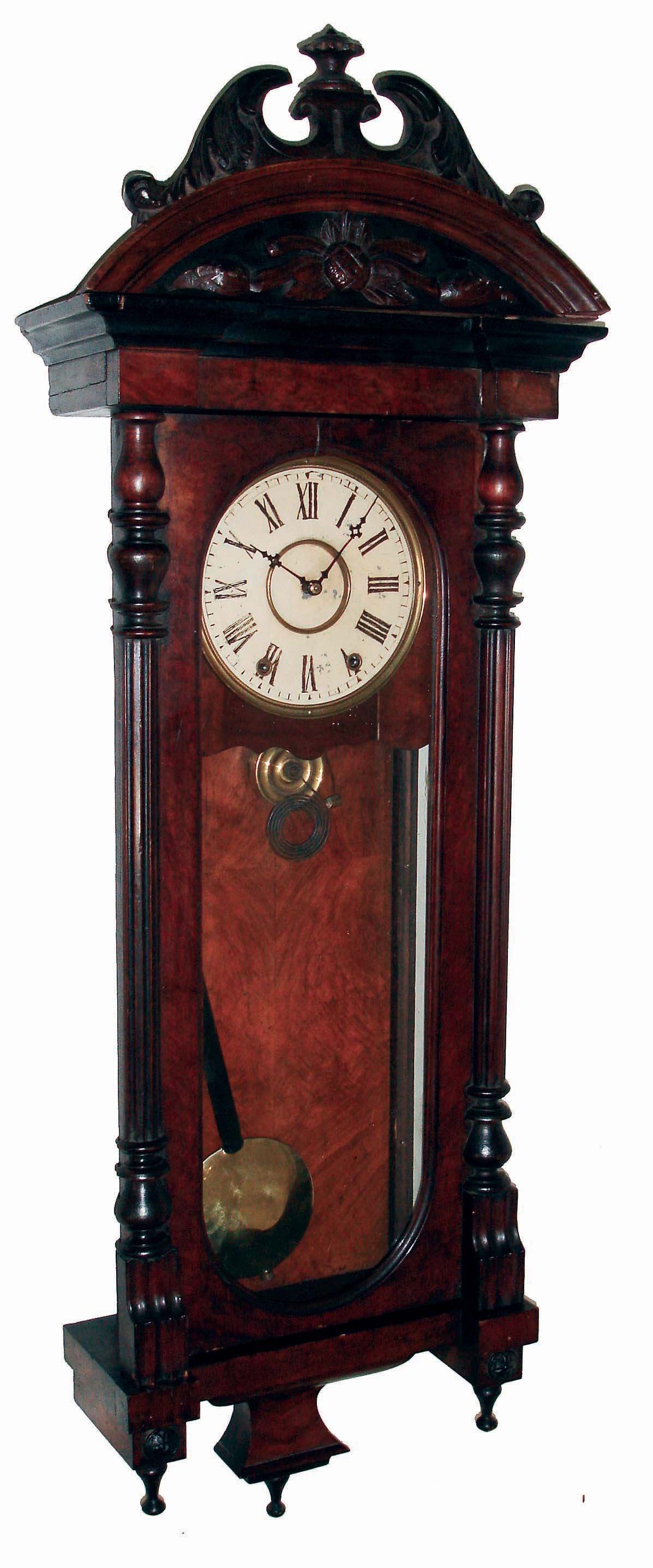 Clocks- 3 (Three) wooden case 8 day: (1) G. Eccles & Son, Liverpool, Eng., single fusee mantel; (2) G.F. Clarkson, North Allerton, Eng. single fusee gallery; (3) spring, time and strike, Vienna Regulator; early 20th century. — Antique Clocks Price Guide