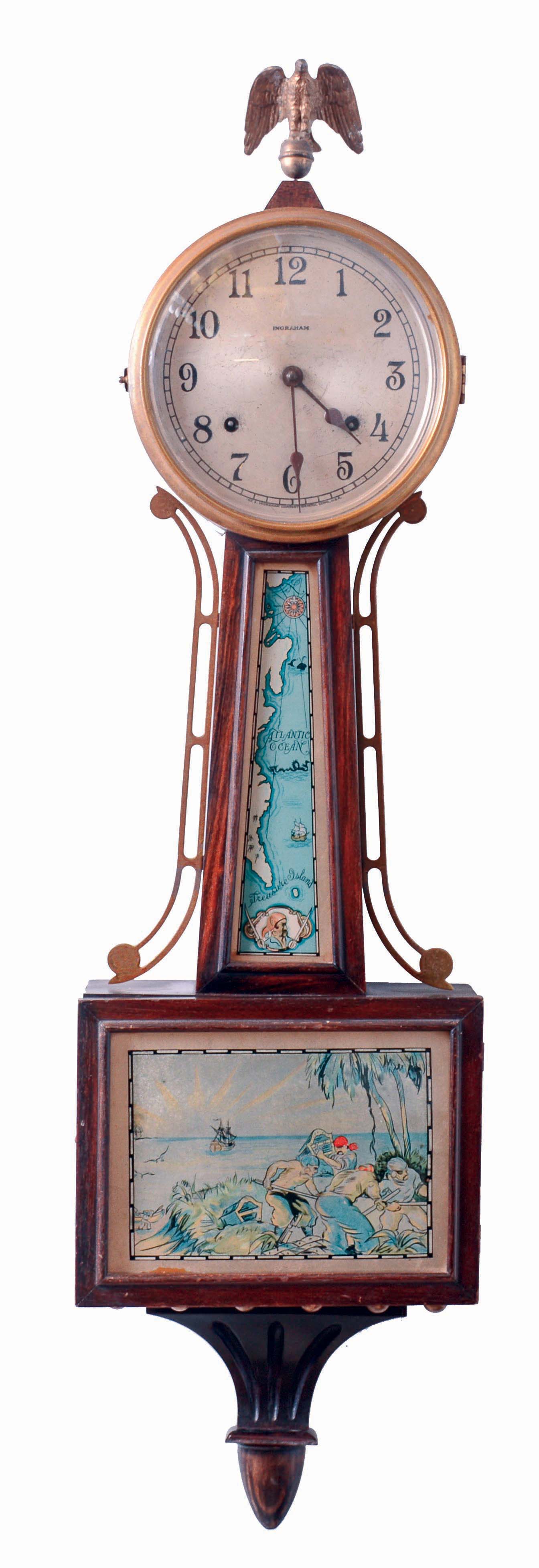 Clocks- 2 (Two) American: (1) E. Ingraham & Co., "Treasure", 8 days, time and strike, spring driven brass movement banjo clock, c1930. (2) Wm. L. Gilbert Clock Co., "Observatory", 8 days, spring driven brass movement wall regulator timepiece with calendar, c1910. — Antique Clocks Price Guide