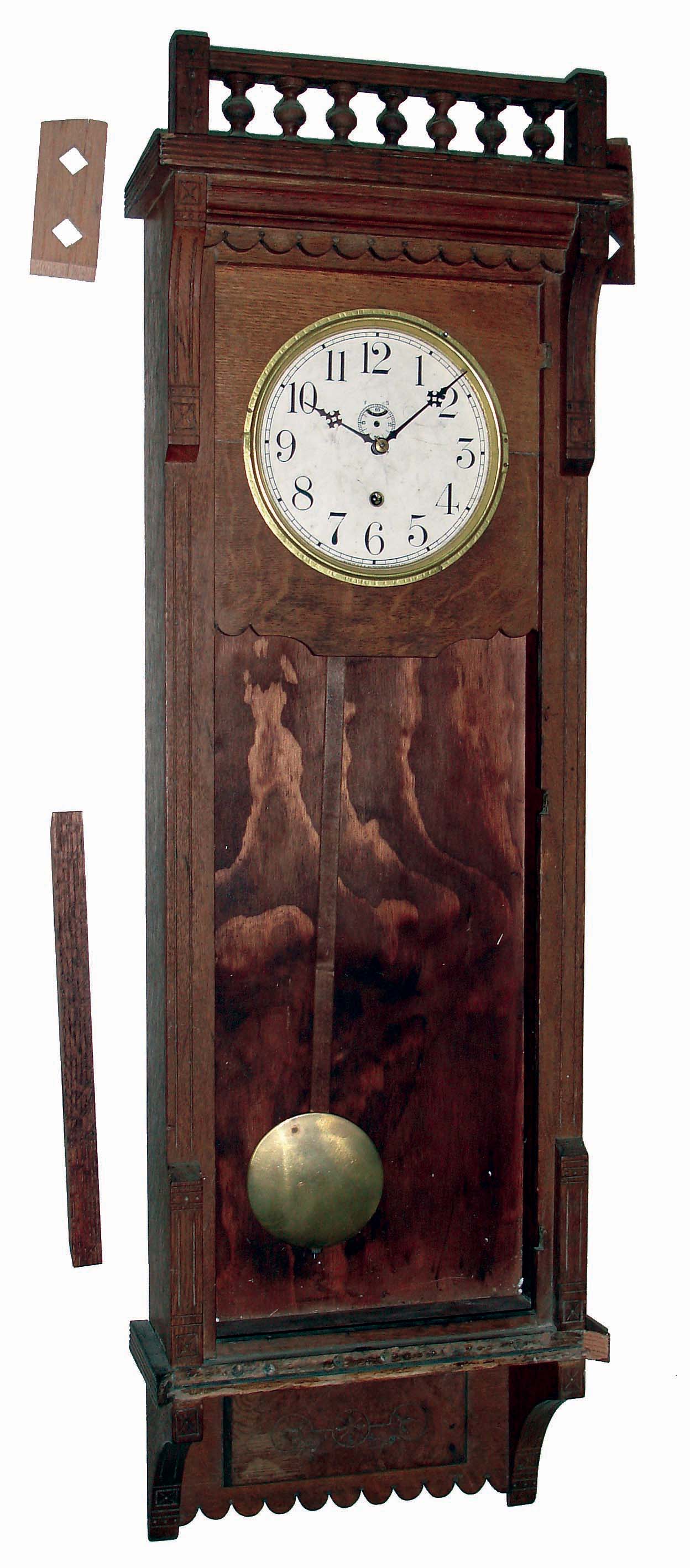 Clocks- 3 (Three) wooden case, 8 days, wall clocks: (1) Waterbury, time and strike, "10" Drop"; (2) Anglo-American time and strike; (3) Waterbury time only oak; c1900 — Antique Clocks Price Guide