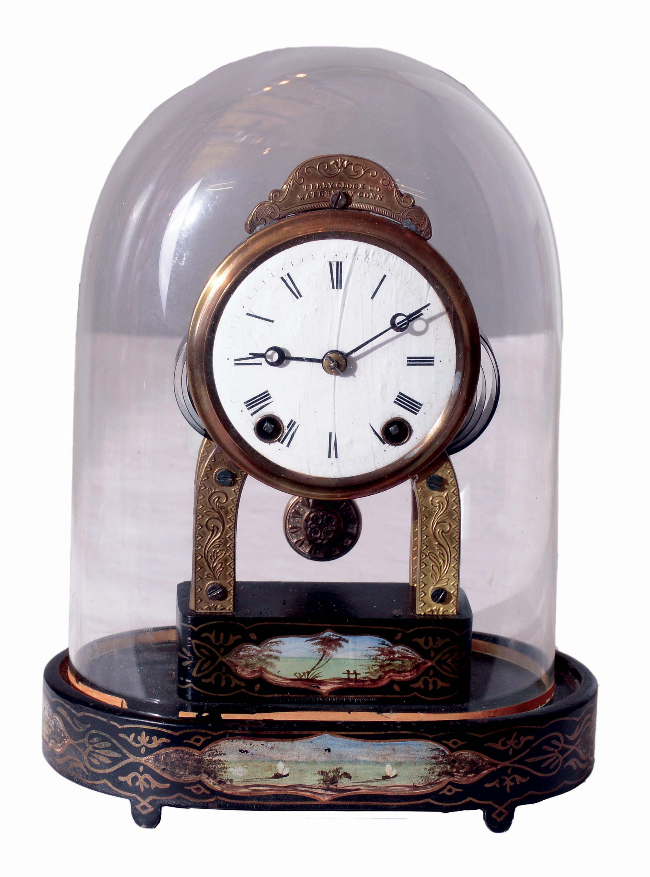 Terry Clock Co., Waterbury, Conn., 8 days, small skeleton double spring brass movement timepiece, with embossed decorations on plates and trim above dial, c1870 — Antique Clocks Price Guide