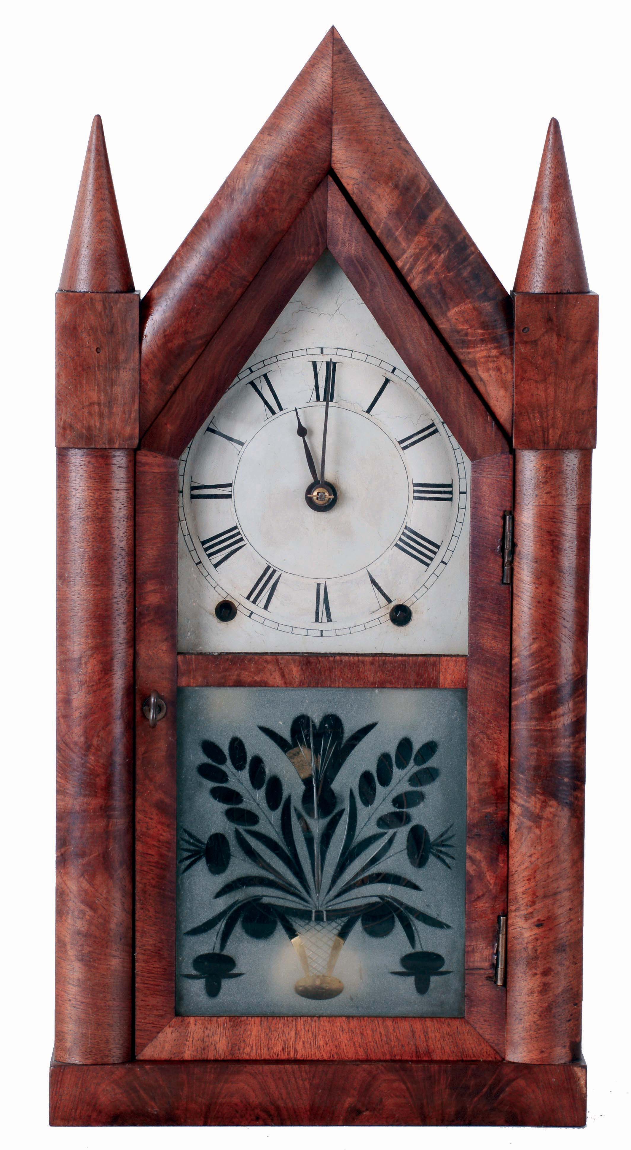 Brewster & Ingrahams, Bristol, Conn., 8 days, time and strike, spring driven brass Kirk's Patent movement sharp gothic or steeple clock, c1843 — Antique Clocks Price Guide