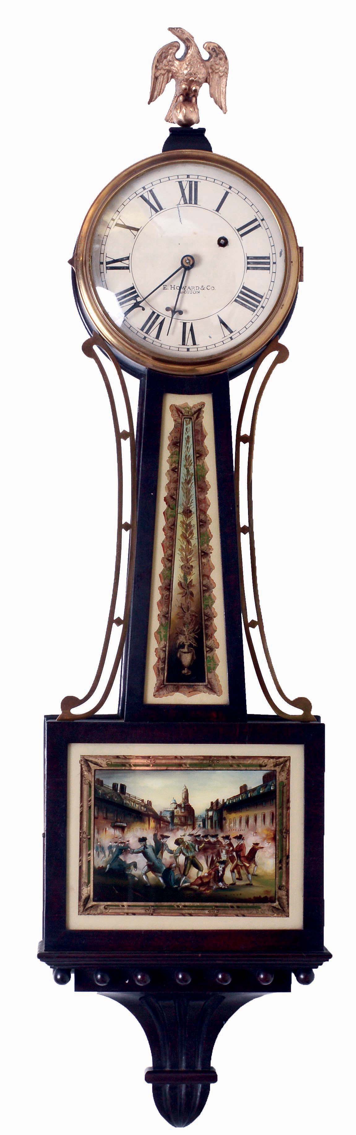 E. Howard & Co., Boston, Mass., "No. 95 Banjo", wall clock, 8 days, time only, weight driven nickel plated movement in a mahogany flat front case with bracket and brass side arms. Painted metal dial, reverse painted tablets, c1930 — Antique Clocks Price Guide