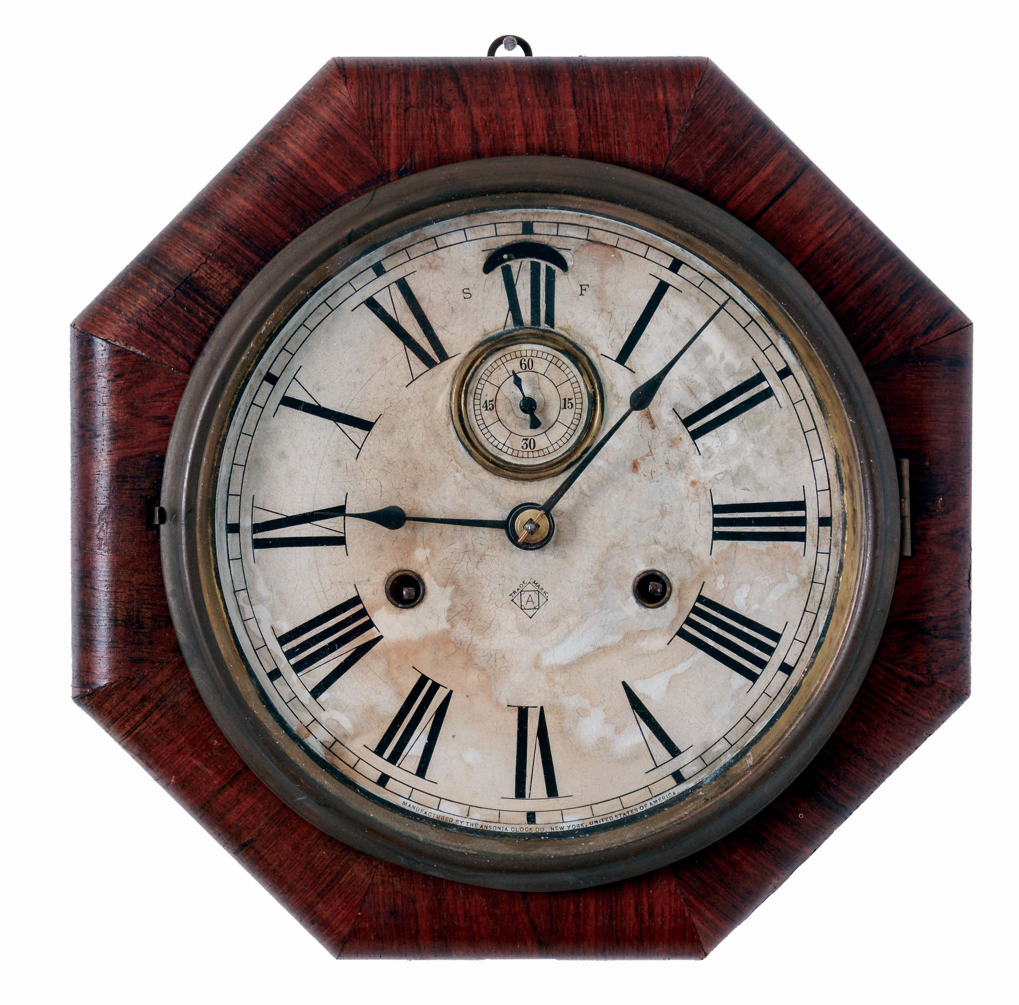 Clocks- 3 (Three) American: (1) Waterbury Clock Co., 8 days, spring driven brass movement drop octagon calendar timepiece, c1900. (2) Atkins Clock Co., 8 days, spring driven brass movement "Octagon Drop" wall timepiece, c1870. (3) Ansonia Clock Co., New York, NY, 8 days, time and strike, spring driven brass balance wheel movement octagon wall clock with seconds dial, c1900. — Antique Clocks Price Guide