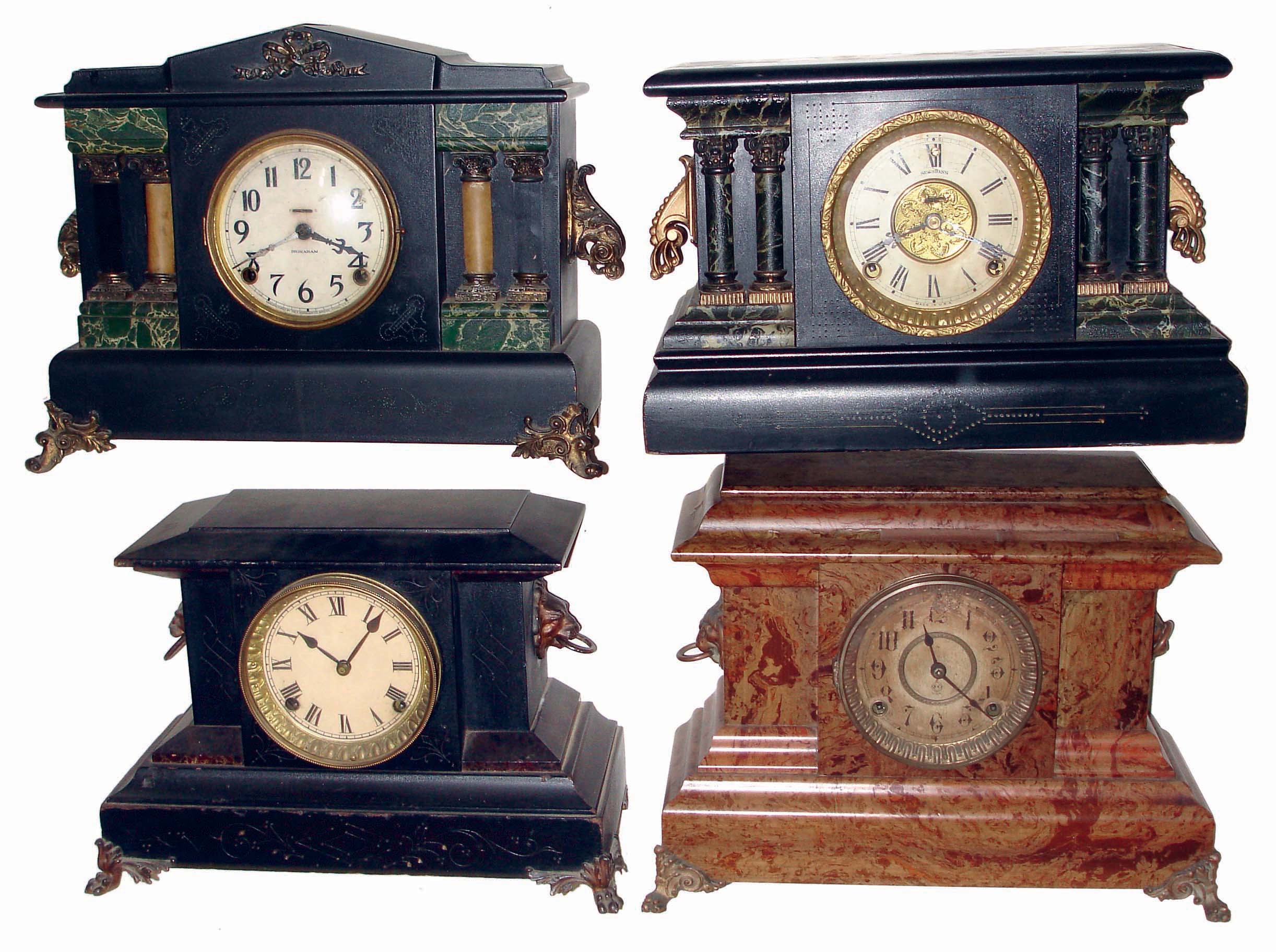 Clocks- 17 (Seventeen) mantel and wall clocks: 5 Connecticut, 8 days, time and strike black mantels by Sessions and Ingraham; Seth Thomas Adamantine, 8 days, time and strike; German Black Forest hanging 2 weight postal clock; German quartz anniversary; Waltham, 8 days travel; Ingraham oak, 8 days, time and strike cabinet; New Haven shelf, 8 days, time, strike & alarm; Jerome, 30 hours, time and strike, small steeple; French black marble, 8 days, time and strike mantel, Japy movement; 2 cast metal rear-wind mantels; Sessions brass case marine clock, now with quartz movement and a Seth Thomas modern chiming grandmother clock in a maple case; mostly late 19th century — Antique Clocks Price Guide