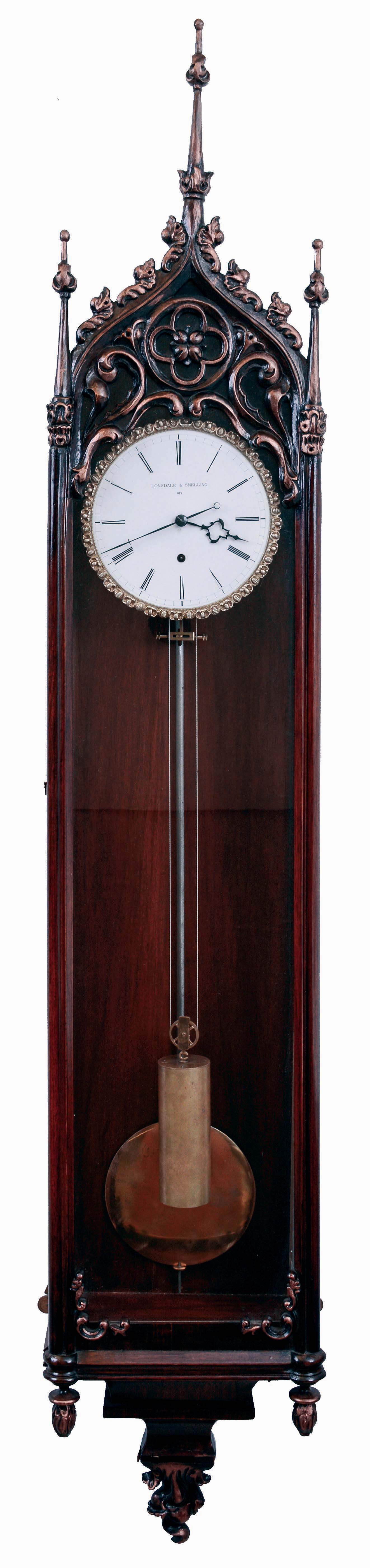 Czech Republic, modern reproduction of rare Viennese Gothic timepiece, single weight, with porcelain dial signed Lonsdale & Snelling -012. Cast bezel and polished steel rod pendulum, c.2004 — Antique Clocks Price Guide
