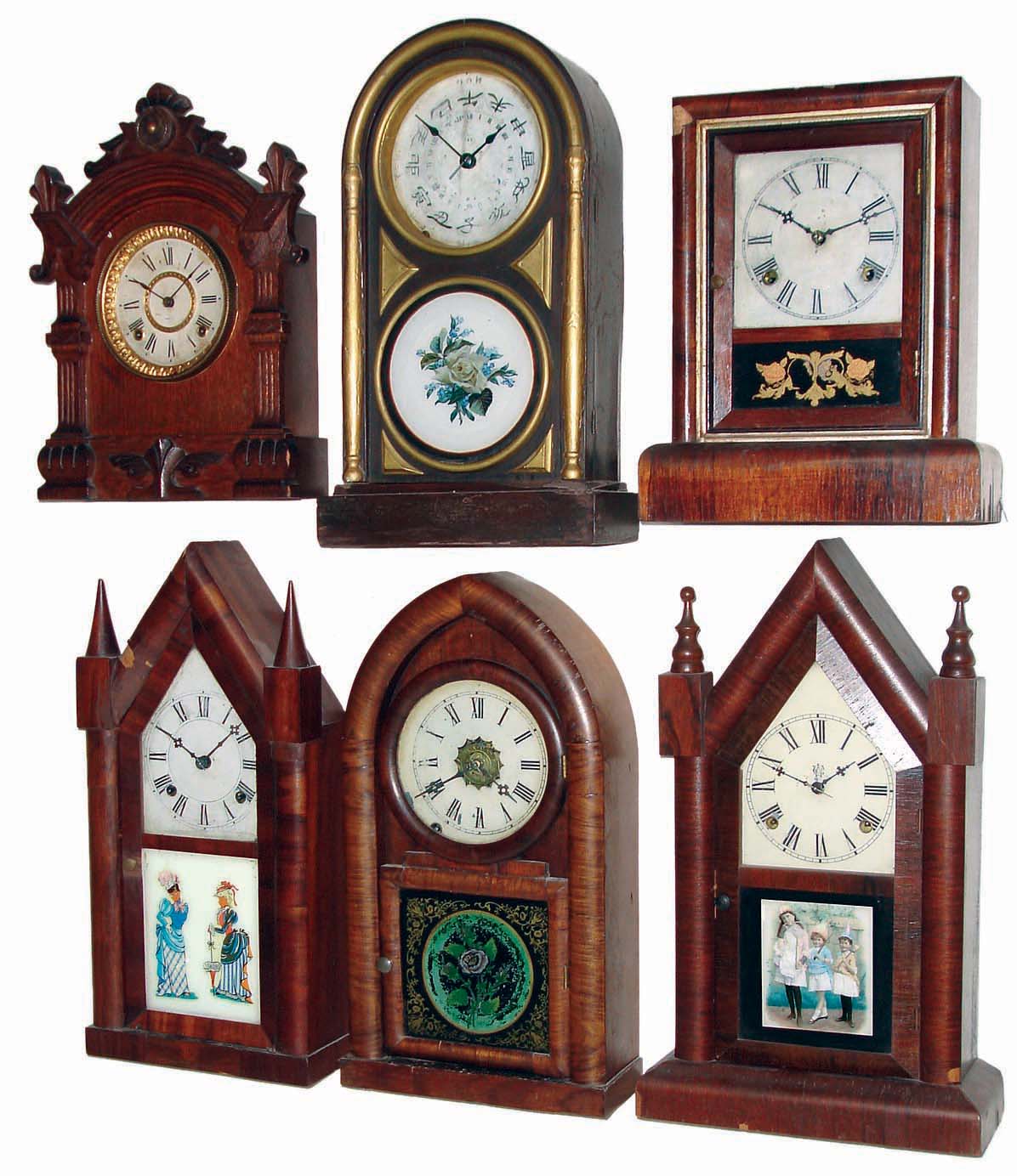 Clocks- 9 (Nine) Connecticut wood case, time and strike, shelf and cabinet clocks: includes Waterbury steeple, Gilbert inlaid lancet, Welch Spring & Co., cottage, beehive, Seth Thomas city with Asian dial, Boardman & Wells double-fusee steeple, Ansonia cabinet, cabinet. All but one are 8 days, late 19th century — Antique Clocks Price Guide