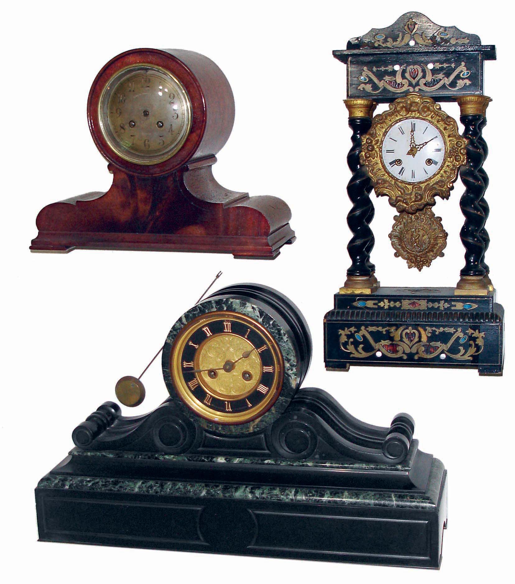 Clocks- 3 (Three) French, 8 days, time and strike mantel clocks: large marble; twist-column ebonized portico, and mahogany tambour, late 19th century — Antique Clocks Price Guide