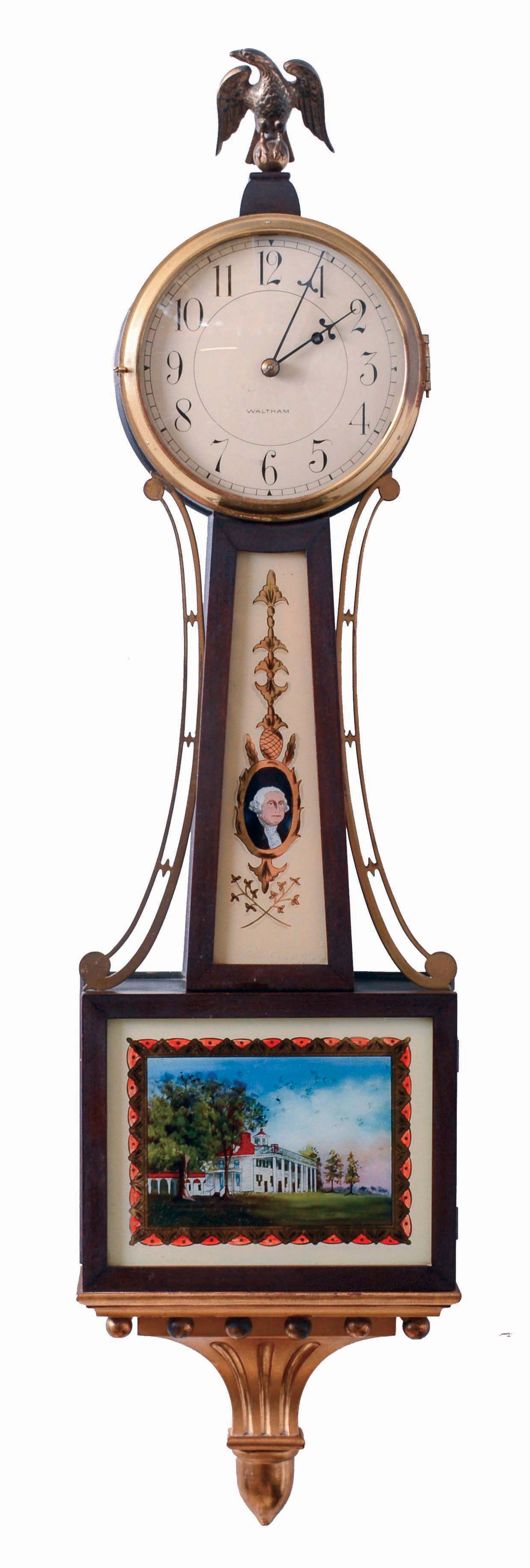 Waltham Clock & Watch Co., Waltham, Mass., 8 days, weight driven brass movement banjo timepiece with George Washington and Mount Vernon tablets, c1925 — Antique Clocks Price Guide