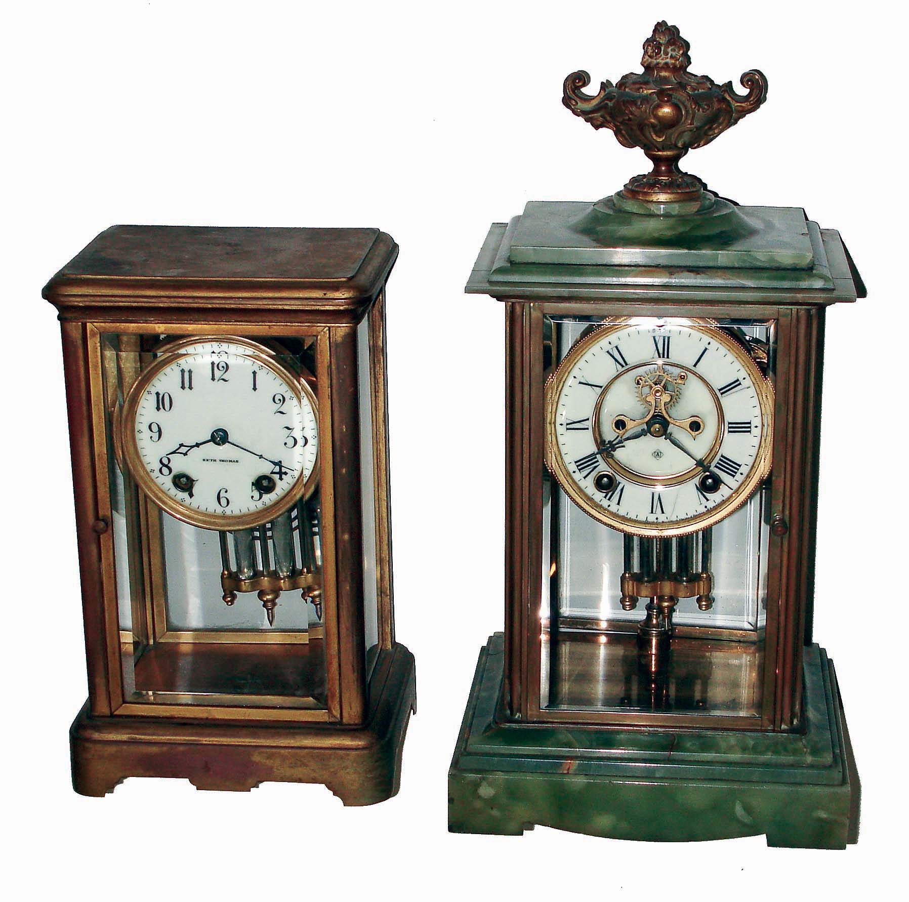 Clocks- 2 (Two), 8 days, time and strike crystal regulator mantel clocks: Ansonia "Herald" with green onyx base and top, visible escapement, c1905; Seth Thomas "Orchid No 1/2" with round Kaiser movement, c1902 — Antique Clocks Price Guide