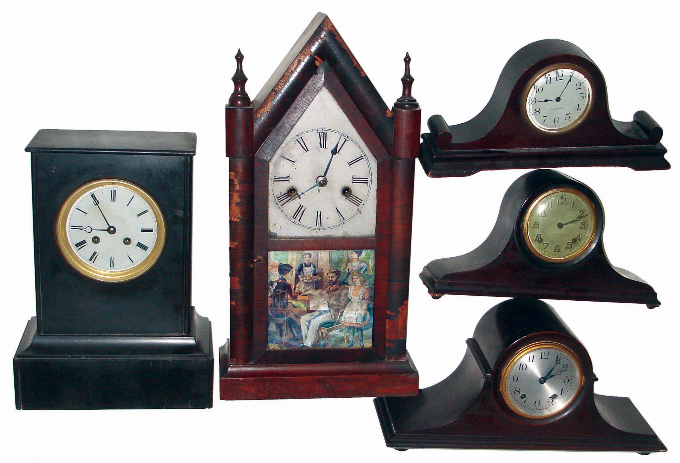 Clocks- 5 (Five) mantel clocks: 3 mahogany tambours by Gilbert, New Haven & Seth Thomas (striking); French black slate time and strike; and Welch, 30 hours, time and strike steeple; late 19th and early 20th centuries — Antique Clocks Price Guide