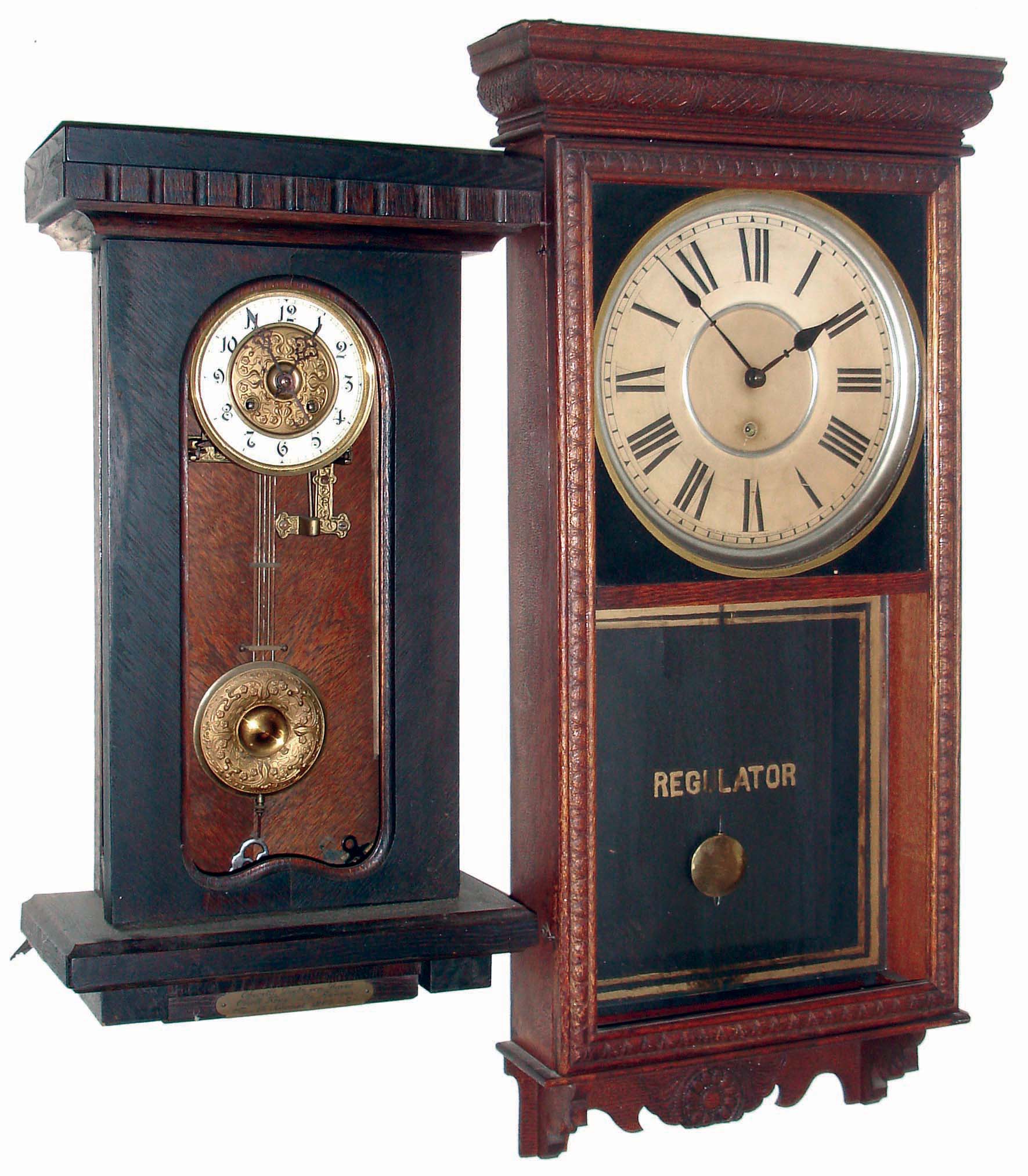 Clocks- 9 (Nine) wooden case mantel, shelf and wall clocks: 4 Connecticut, 8 days, time and strike gingerbreads (Ansonia, Gilbert, Ingraham); Jerome & Co., 30 hours, time and strike OG; Japan time and strike, 8 days school clock; Seth Thomas Adamantine, 8 days, time and strike mantel; German time and strike, 8 days, dark oak with 1907 presentaton plate; and Sessions time only, 8 days store regulator; late 19th and early 20th centuries — Antique Clocks Price Guide