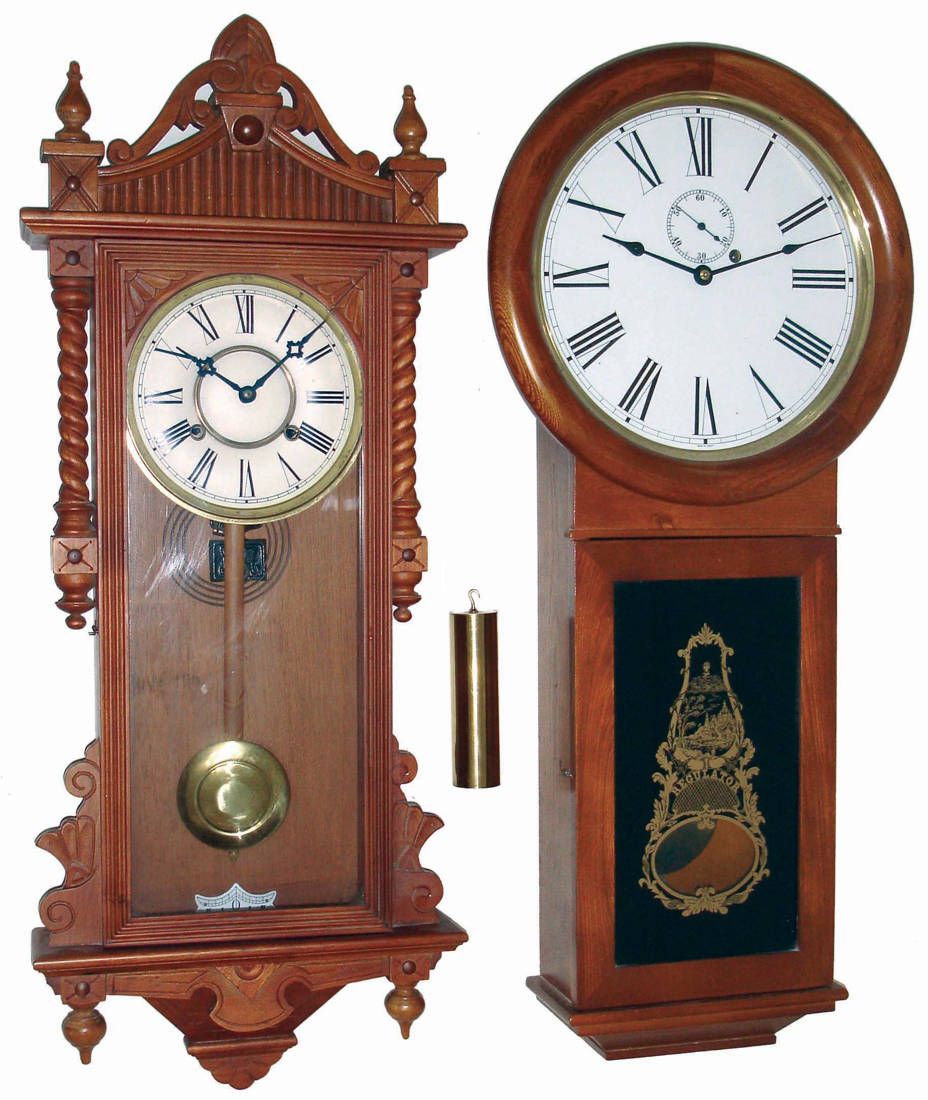 Clocks- 7 (Seven) wood case modern reproduction wall clocks: Seth Thomas No. 2-style; 3 octagon-top schools clocks; 3 other hanging clocks; late 20th century — Antique Clocks Price Guide