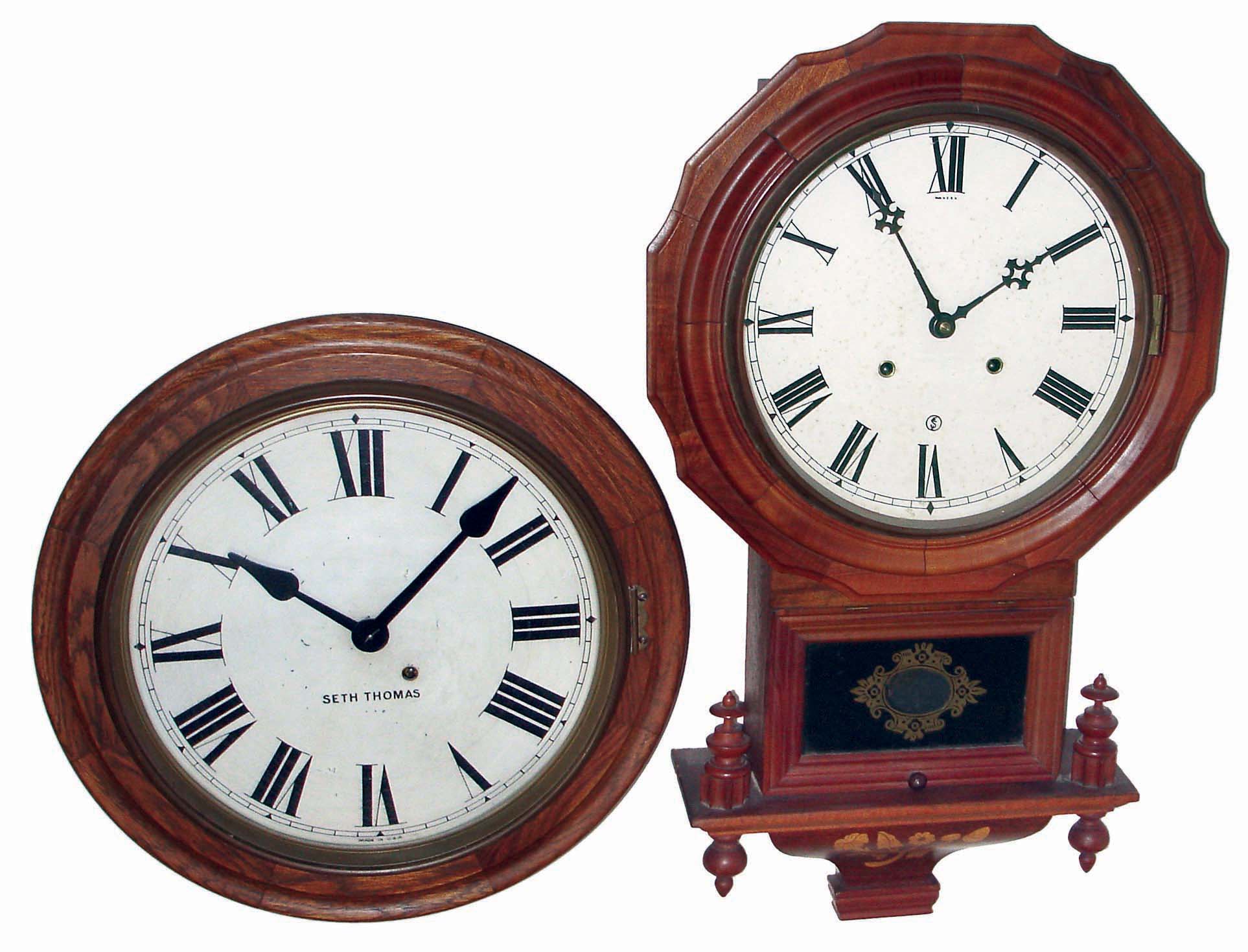 Clocks- 2 (Two) American, 8 days, hardwood wall clocks:, time and strike, Anglo-American-style with Ingraham movement; Seth Thomas time only oak gallery; 20th century — Antique Clocks Price Guide
