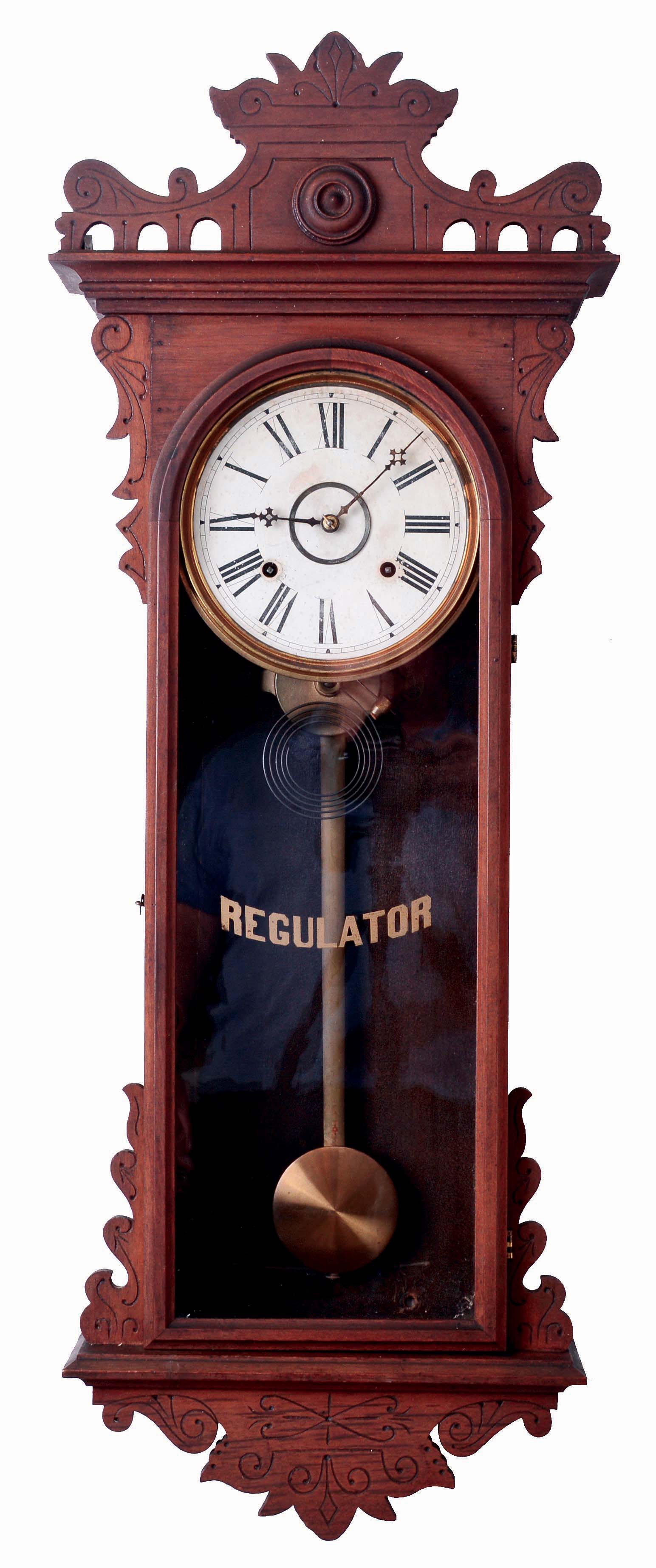 E. N. Welch Mfg. Co., Forestville, Conn., "Meyerbeer", wall clock, 8 days, time and strike, on cathedral gong, spring driven movement in a walnut case with papered metal dial and silk screened glass, c1892 — Antique Clocks Price Guide