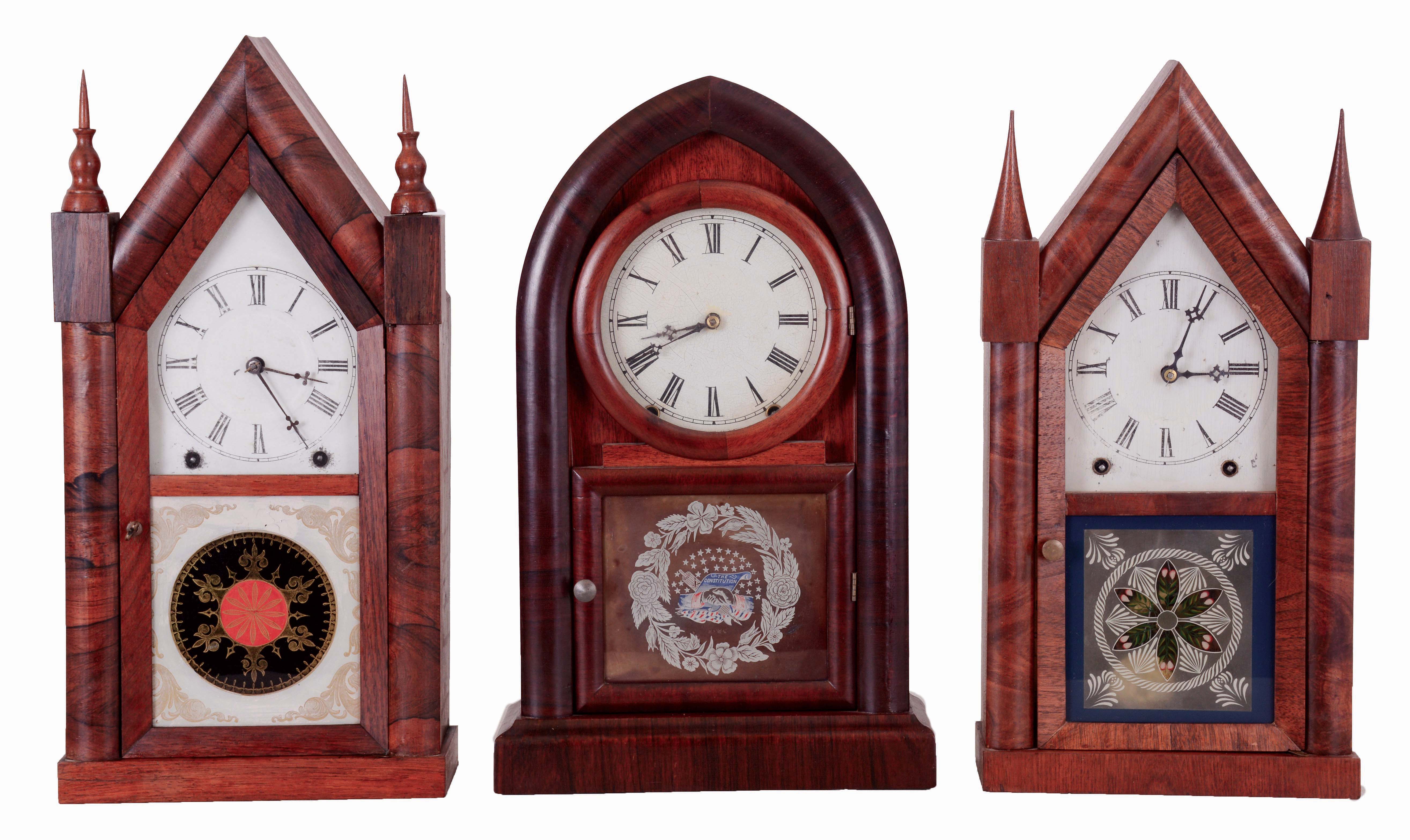 Clocks- 3 (Three) American: (1) Ansonia Brass & Copper Co., 8 days, time and strike, spring driven brass movement beehive shelf clock, c1870; (2) Ansonia Brass & Copper Co., 8 days, time and strike, spring driven brass movement Sharp Gothic or Steeple clock, c1870; (3) Ansonia Brass Co., 8 days, time and strike, spring driven brass movement Sharp Gothic or Steeple clock, c1860. — Antique Clocks Price Guide
