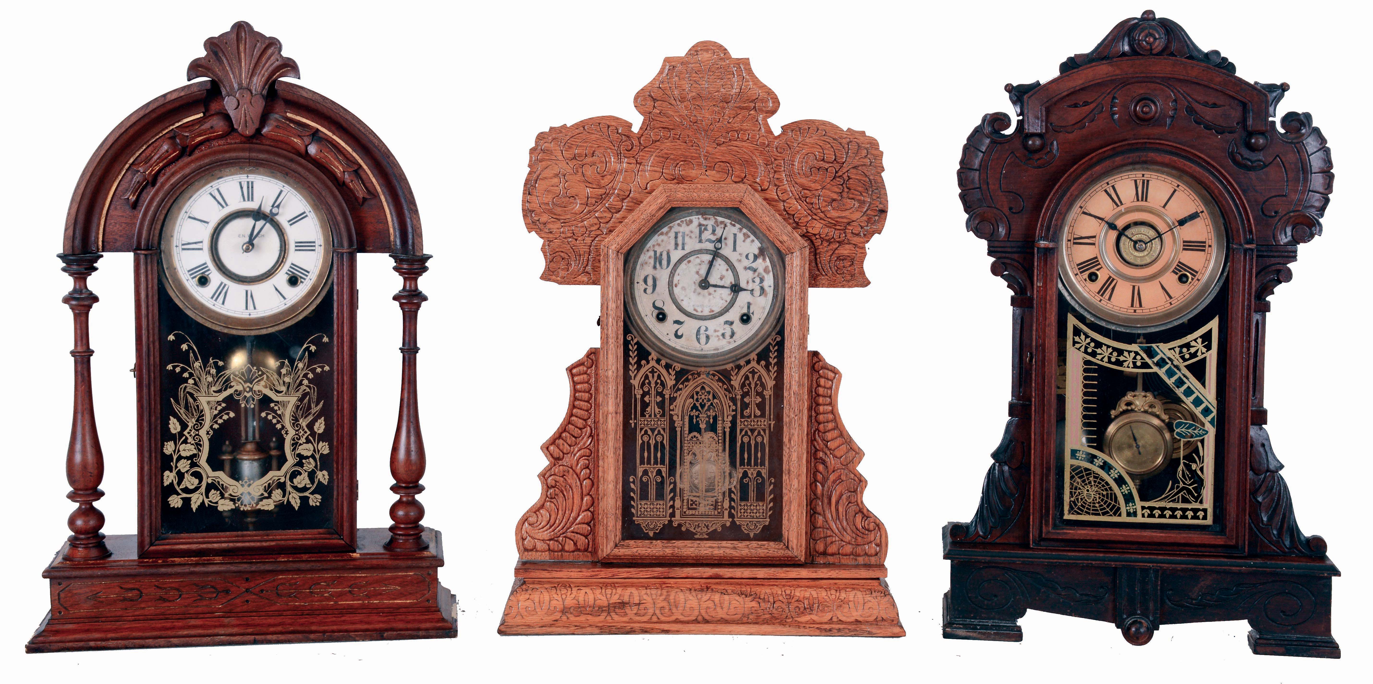Clocks- 3 (Three) American: (1) E. N. Welch Mfg. Co., 8 days, time and strike, spring driven brass movement shelf clock, c1870; (2) Waterbury Clock Co., 8 days, time, strike, and alarm, spring driven brass movement shelf clock, c1885; (3) E. Ingraham & Co., 8 days, time and strike spring driven brass movement, pressed oak shelf clock, c1915. — Antique Clocks Price Guide