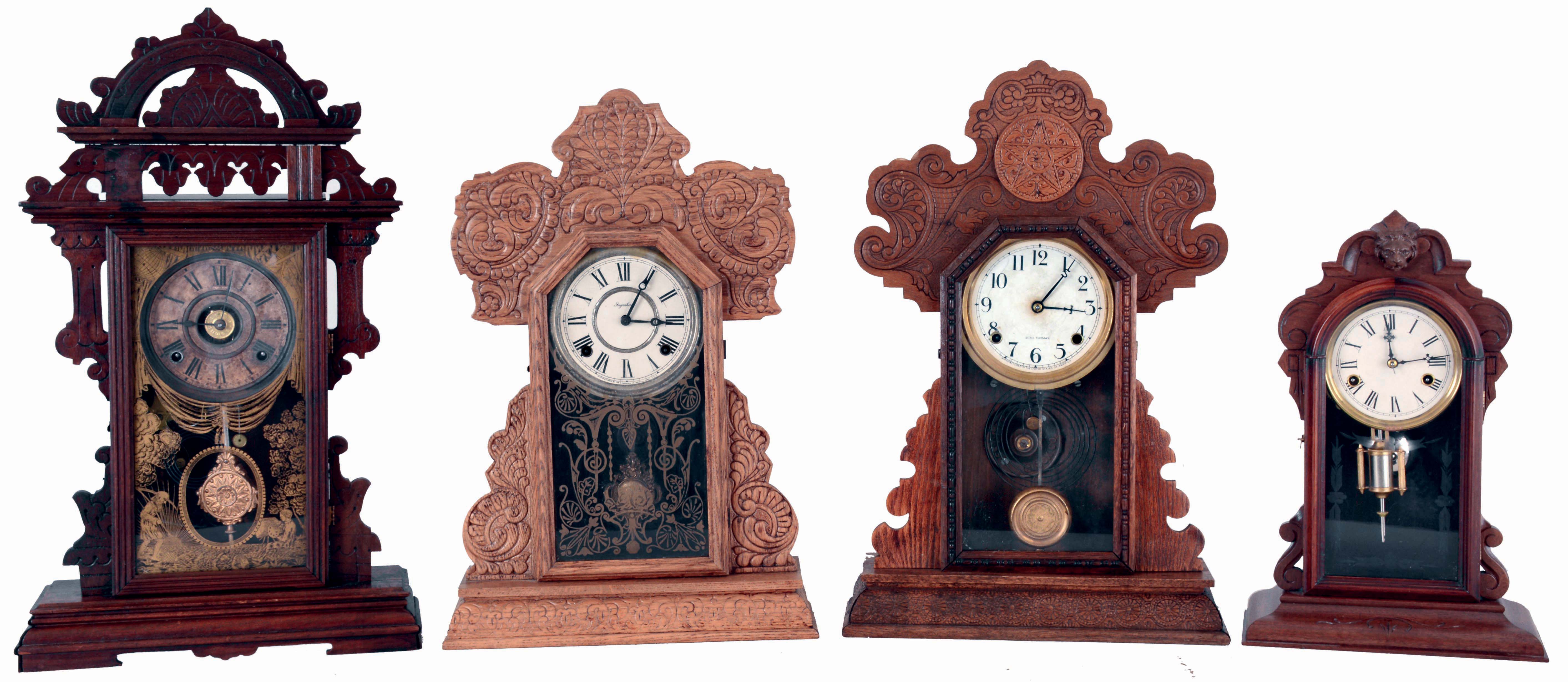 Clocks- 4 (Four) American: (1) Seth Thomas Clock Co., 8 days, time and strike, spring diven brass movement oak kitchen clock, c1910; (2) E. N. Welch Mfg. Co., "Donita", 8 days, time, strike and alarm spring driven brass movement shelf clock; (3) E. Ingraham & Co., "Cayuga" 8 days, time and strike oak kitchen clock, c1915; (4) Wm. L. Gilbert "Leda" 8 days, time and strike walnut parlor clock, c1879. — Antique Clocks Price Guide
